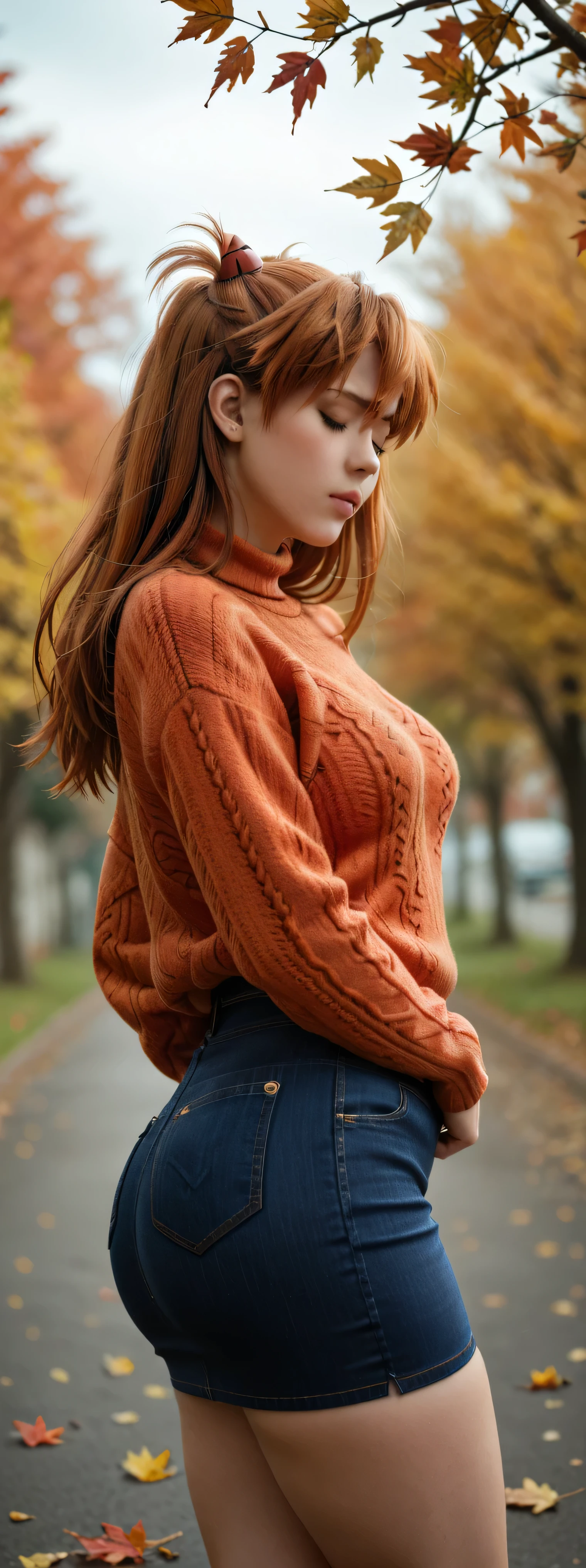 Asuka Langley Sōryū / Evangelion, An 18-year-old girl wearing a sweater and black denim skirt, long red hair, eyes closed, Very sad look , medium breasts, Not suitable for work, fat ass, thick thighs , wide hips , from the side, wind, leaves falling