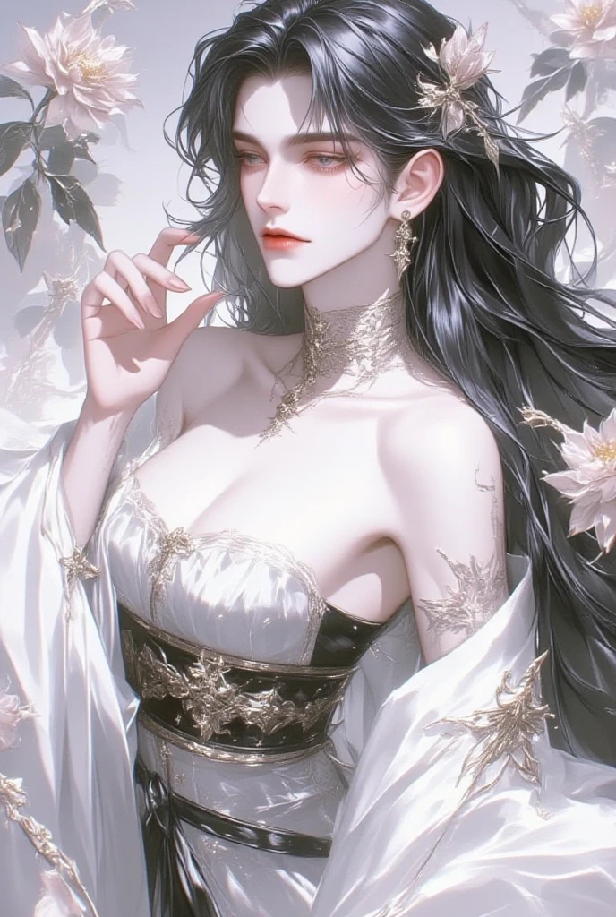 Yue Tian, a  born with a curse. Born amidst the forbidden forest A land shrouded in secrets and danger. His body was like a deadly lotus. Beautiful but hidden with a poisonous face:

Oval shape, slender and pointed, white skin as pale as snow. pitch black eyes Full of hidden power Thin lips, ruddy red, long flowing hair, jet black, flawless body.:

Tall, slender, proportionate, firm muscles. The skin is smooth, without blemishes, the movements are agile and fast, the eyes are hidden with intelligence, the posture:

Cold, reserved, doesn&#39;t talk much, radiates danger. The air around him was filled with power. clothing:

Simple black dress, bright red shawl. black leather shoes Decorated with silver jewelry, scent:

Smells cool, like wild flowers. Hidden with the stench of blood, including:

red lotus tattoo Left chest area Eyes are bloodshot when angry. Special power: controls plants and flowers.