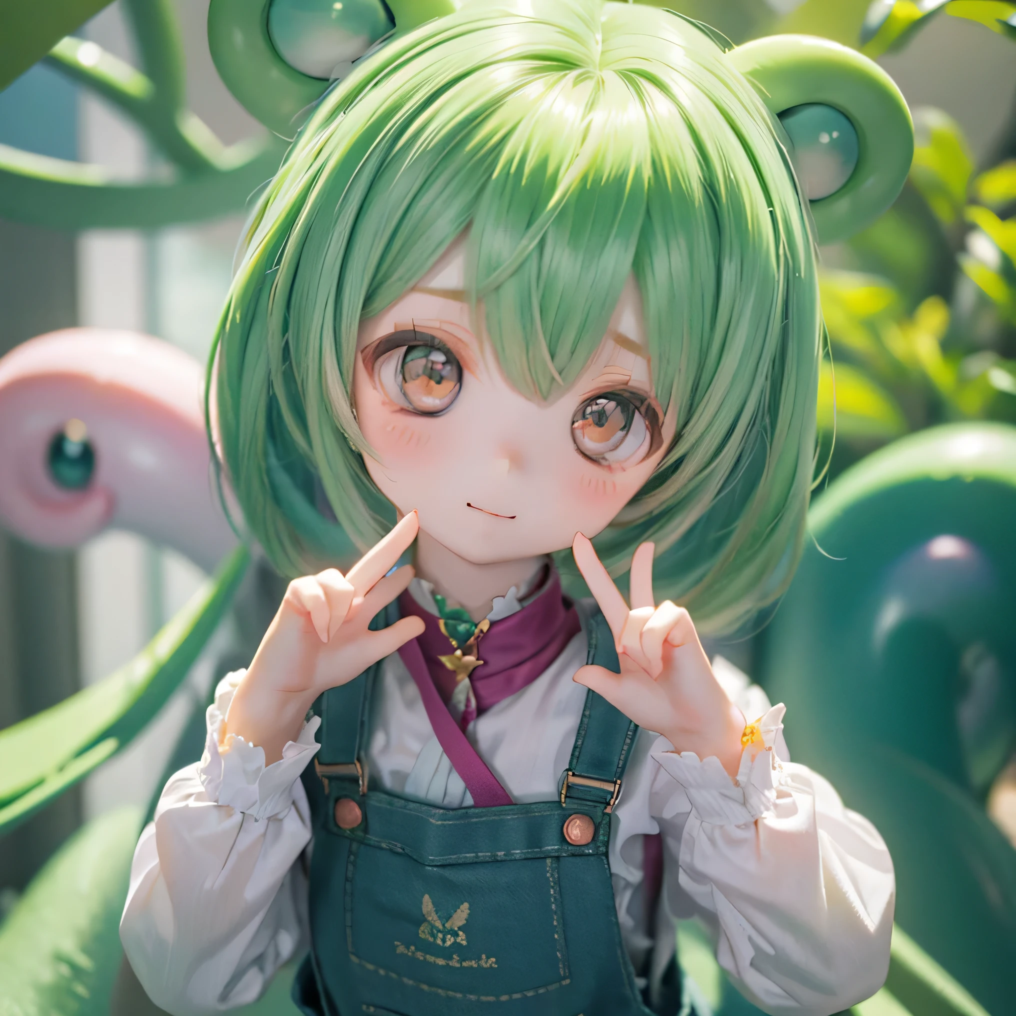 cute green-haired zundamon in playful pose, ( chibi), detailed character design , complicated details , surreal , photorealistic , 8k, masterpiece , is high resolution, bright color, Soft Writing , natural light, 、 warm palette , wonderful , fantasy , cute , cuteデザイン , , Heartwarming、Edamame、 green overalls、white blouse、Around town