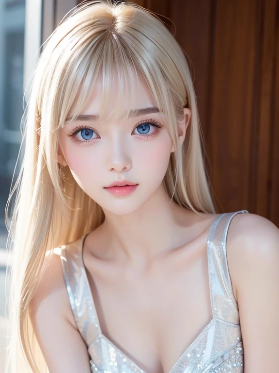((Highest quality、masterpiece:1.3))、((Russian beauty))、1 female、18-year-old、Big Breasts:1.3、Slim figure:1.1、Gorgeous white skin、Platinum Blonde Hair、(Beautiful belly, Shaved, Completely naked:1.1)、Highly detailed face、Lip details、Detailed eyes、double eyelid、((((Beautiful breasts, Pink nipples))), (Sideboob, chest facing upwards), ((topless, Narrow waist)), Beautiful waist, Whitening, Blurred Background, (((Young Face))), ((Straight hair, Down Bangs)), bright, Beautiful pale blue eyes shining like jewels、Wide Shot, 1 Girl, Beautiful and cute 16-year-old beautiful girl、Beautiful Bangs、Very beautiful face、bright表情、bright and dazzling platinum blonde、Eyebrows behind the bangs、((Completely naked))、Textured white skin, Highest quality, 4K High Resolution、