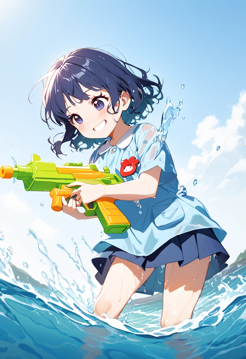 Masterpiece、high resolution、Extremely colorful、miniature painting、A girl in a swimsuit spraying water at us with a water gun、A cheerful smile、Summer blue sky、Colorful Swimsuits、Black short hair、Swimming goggles around his neck、Anime Style