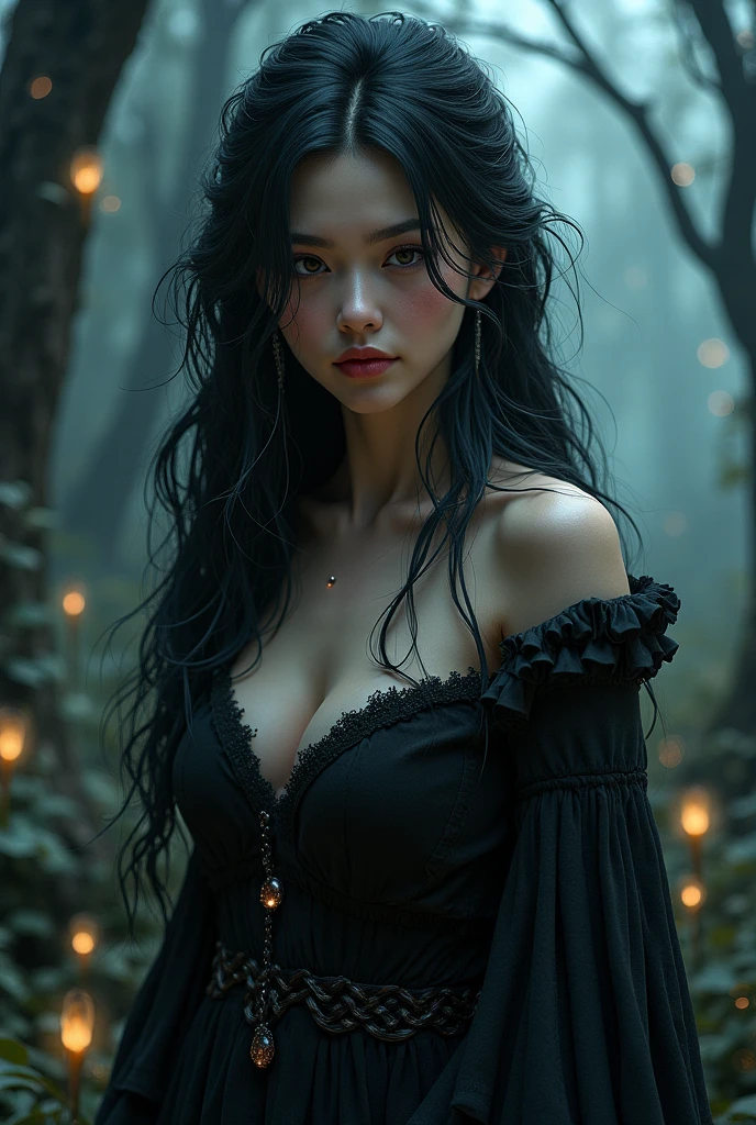 hazy dnd rpg style full body fantasy portrait oil painting illustration of a mysterious quiet powerful rude young beautiful mean looking away quiet mystery beautiful exotic golden brown skinned woman face, in a beautiful night scenic background, big almond purple violet eyes, straight extremely coily curly 3c curly black hair, acotar fae , high quality, sombre mood, muted colours, entire person visible! , dainty face dreamy ethereal silk bohemian white dress sexy big breasts mysterious long straight hair dreamy ethereal dark sad