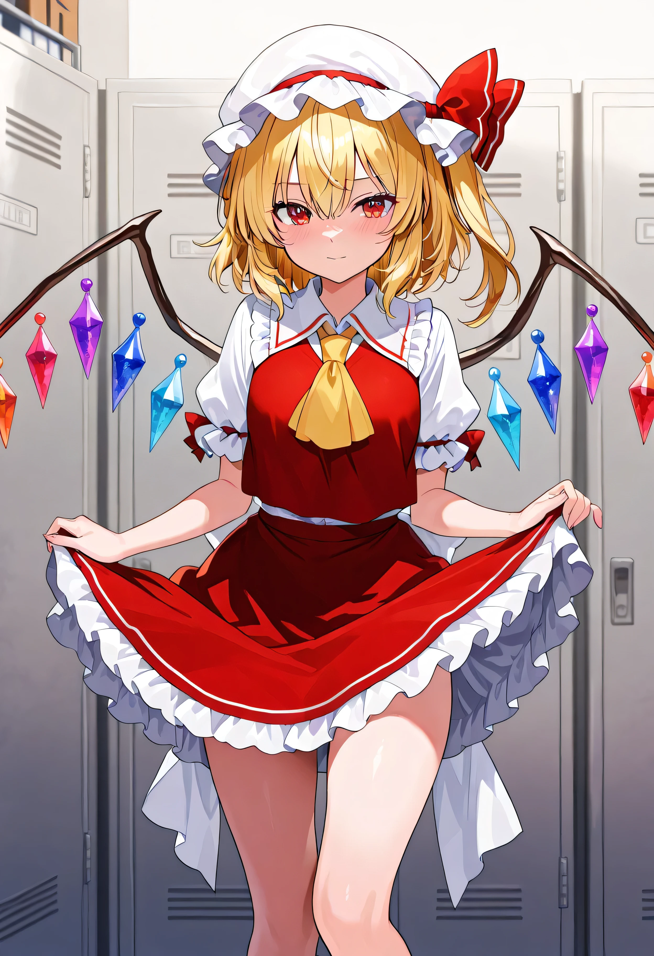 blonde_hair, wings, red_eyes, crystal, bangs, hat, one_side_up, ribbon, mob_cap, bow, blush, smile, vest, white_headwear, red_vest, ascot, hair_between_eyes, red_bow, red_ribbon, upper_body, hat_ribbon, yellow_ascot, short_hair Standing Footjob POV male legs penis Sadistic smile Sperm on feet