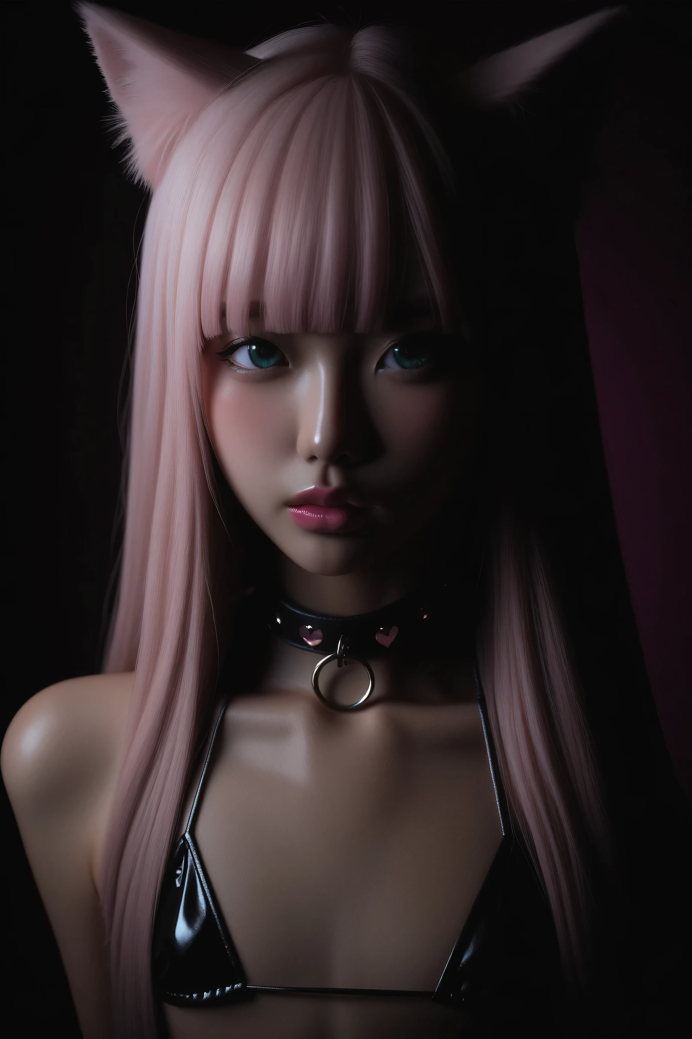 young korean girl, {cute}, catgirl, Alone, best quality, {{anime}}, blunt bangs, high definition, high definition, detailed, perfect face, masterpiece, accurate, top quality, over view, heart in eyes, {{pink hair}}, small breasts, curvy, long hair, sharp eyes, teal eyes, pink lipstick, thin, slender, pink micro bikini top, wearing collar, heavy blushing, shiny skin, no background, pink background, teal background, white background, portrait, sad expression, 