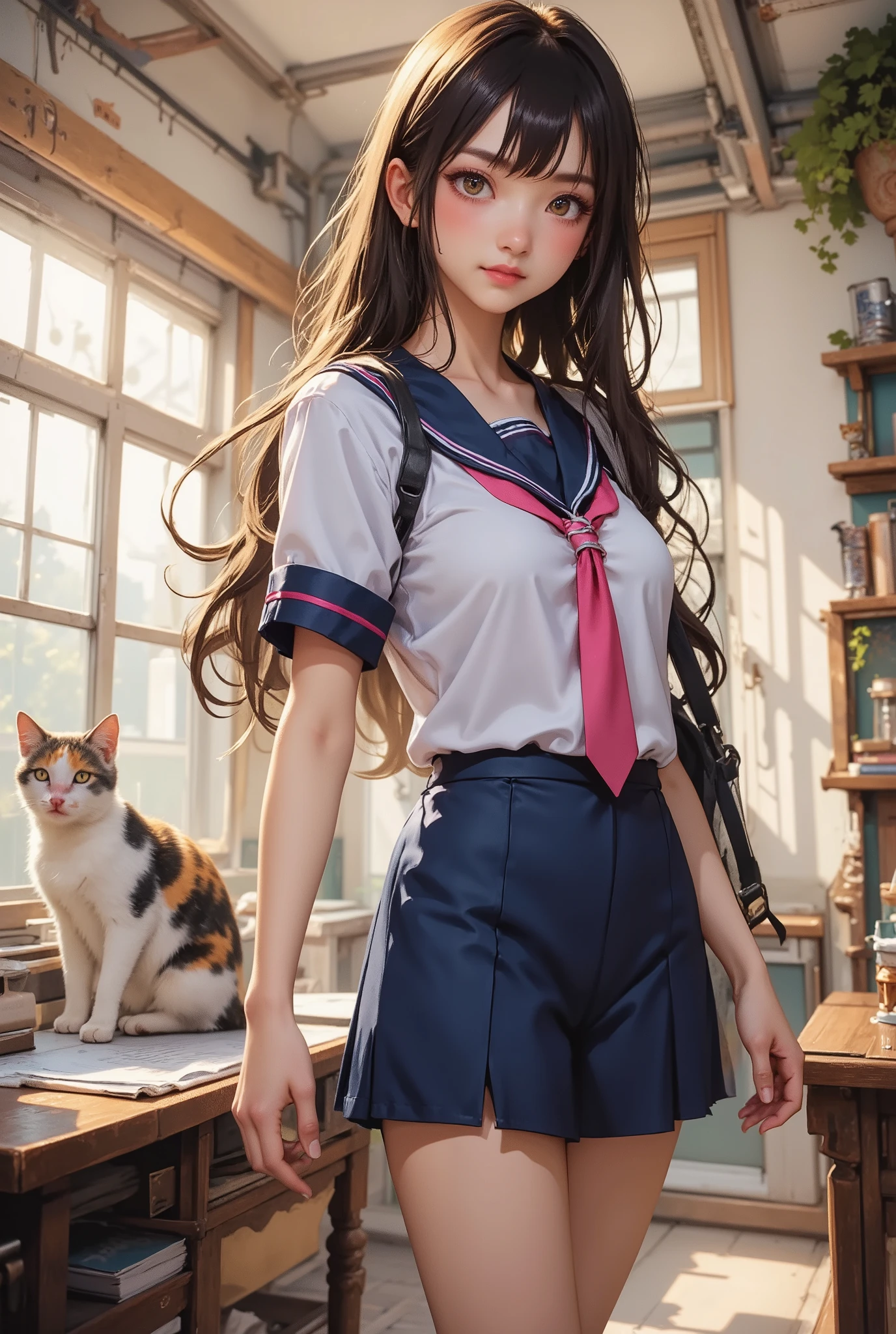 score_9, score_8_up, super realistic depiction, high resolution, masterpiece, highest image quality, high definition, 4K quality, 8K quality, beautiful girl, japanese, twenty years old, high school girl, (((brown hair))), long hair, (((smile shyly:1.8))), stare, long eyelashes, (((big brown eyes))), blush, pink lip, (((tilt one's head:1.4))), (((short sleeve sailor suit:1.4))), (((pink tie))), (((blue pleated skirt:1.4))), (((model posing))), (((Sweeping back one's hair:1.4))), (((have a student bag))), (((classroom:1.4))), (((A calico cat and a white cat are lying down))), evening
