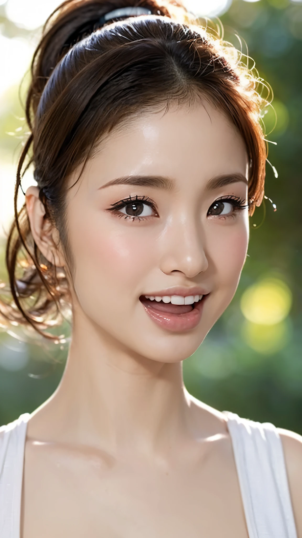 (Tabletop、highest quality、Award-winning works、Ultra-high resolution)、One beautiful woman、(Vibrant floral bikini:1.1)、(Show one side:1.1)、(Face close-up:1.4)Very large breasts、Very long legs、Glamour、Very long legs、Highly detailed face, Lips Detail,,Big Eyes、Droopy eyes、Droopy eyes、Downward、Lowered eyebrows、double eyelid, Detailed dark eyes,Thin lips、 Very beautiful face、(exposed armpit hair:1.3)、Very bright and beautiful skin、Voluptuous body、Big Breasts、(Accurate anatomy:1.1)、short hair、The best smile