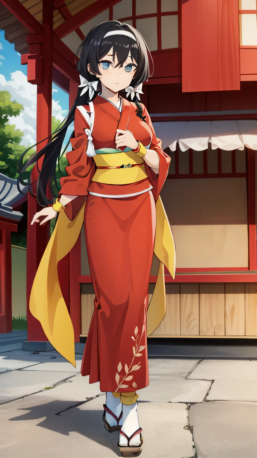{{{masterpiece}}}, (best quality:1.5), (ultra-detailed:1.5), {illustration}, {{an extremely delicate and beautiful}}, (beautiful detailed eyes:1.6), absurdres, highres, extremely detailed face, 16k, hd, visual anime de uma jovem mulher, extremamente bonito rosto de anime, anime melhor garota, (perfect hands, perfect anatomy), anime face, izumi kyouka(Bungou Stray Dogs), 1girl, solo, cute face, (black hair:1.3), (very long hair:1.2), low twintails, (white hair band:1.2), flower hair ornament, crossed bangs, sidelocks, slender face, narrow chin, sharp eyes, blue eyes,(High resolution eyes, Beautiful eyes, Light in the eyes), (big eyes:1.5), medium breasts, big hips, curvaceous, BREAK, japanese clothes, furisode, (red kimono:1.3), red sleeves, long sleeves, wide sleeves, (red arm cover:1.3), yellow wristband, yellow obi, back waist ribbon, (very long ribbon:1.3), pencil skirt, red skirt, tabi, white legwear, sandals, BREAK, outdoor, sky, daytime, forest, shinto shrine