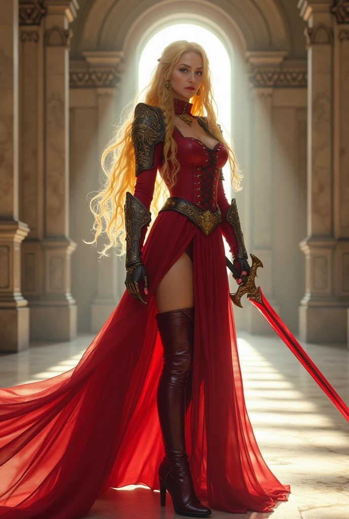 35 years old beautiful sensual exotic warrior woman, beautiful wavy hair tied with a blonde ribbon, blue eyes, red lips, broad shoulders, long thighs, slim rabbit build, short leather skin embroidered armor dress, leather high boots, epic gloomy dark background, epic atmosphere, excellent 8k photorealistic quality