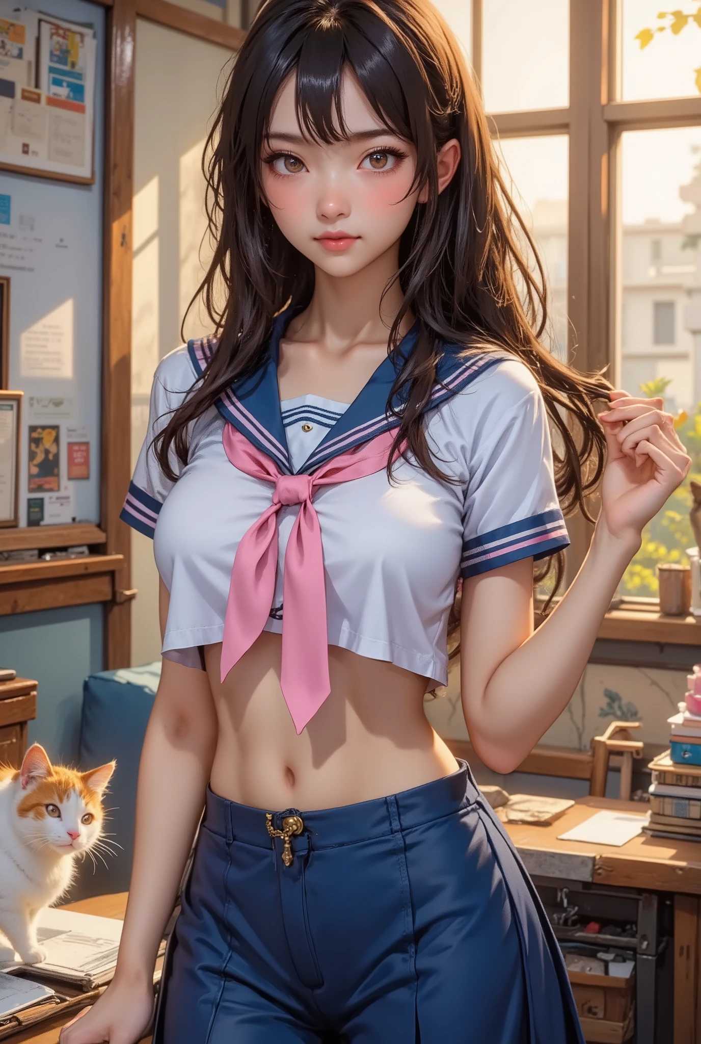score_9, score_8_up, super realistic depiction, high resolution, masterpiece, highest image quality, high definition, 4K quality, 8K quality, beautiful girl, japanese, twenty years old, high school girl, (((brown hair))), long hair, (((smile shyly:1.8))), stare, long eyelashes, (((big brown eyes))), blush, pink lip, (((tilt one's head:1.4))), (((short sleeve sailor suit:1.4))), (((pink tie))), (((blue pleated skirt:1.4))), (((Belly-baring outfit))), (((model posing))), (((Sweeping back one's hair:1.4))), (((have a student bag))), (((classroom:1.4))), (((A calico cat and a white cat are lying down))), evening