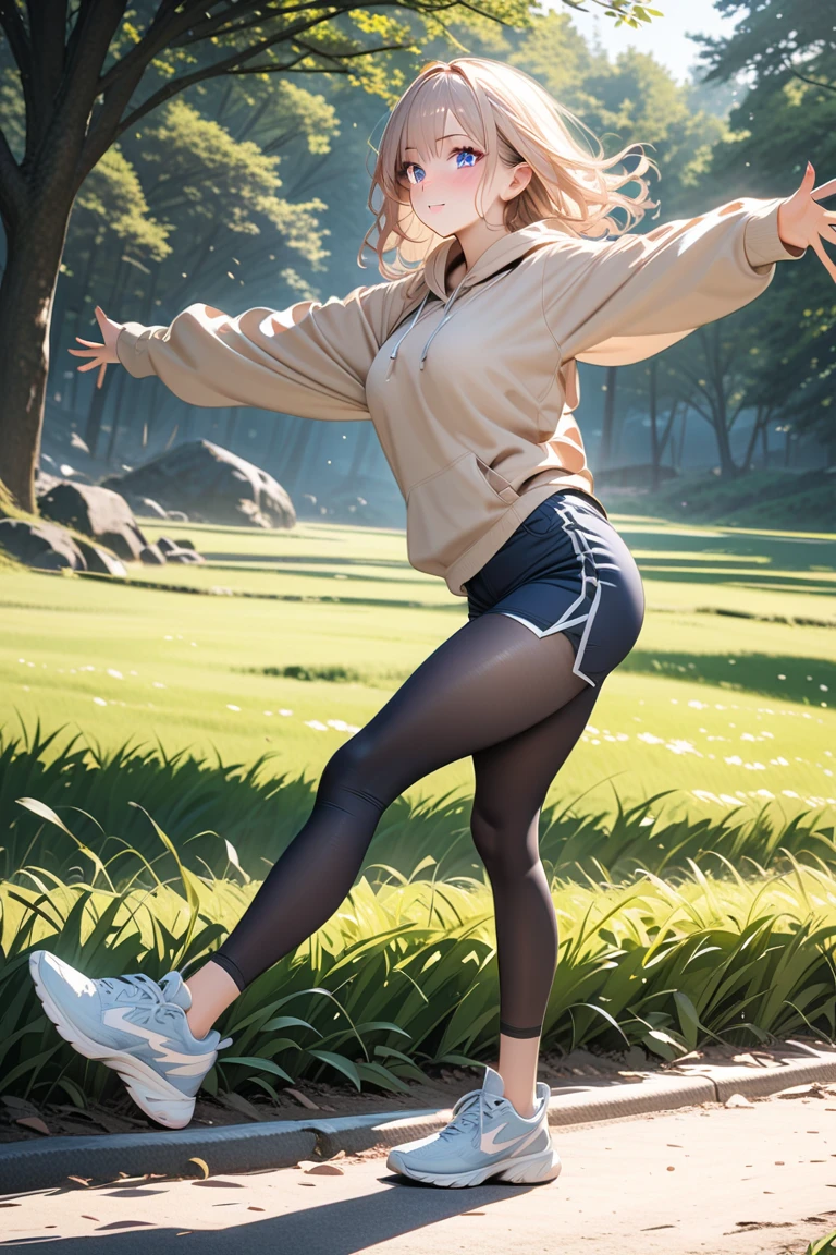best quality, masterpiece, small breasts, smile, sweatshirt, leggings, outdoors, anime style, grass field, daytime, blue sky, blue eyes, detailed eyes, medium hair, blonde hair, loose hair, bangs, ass, open legs,