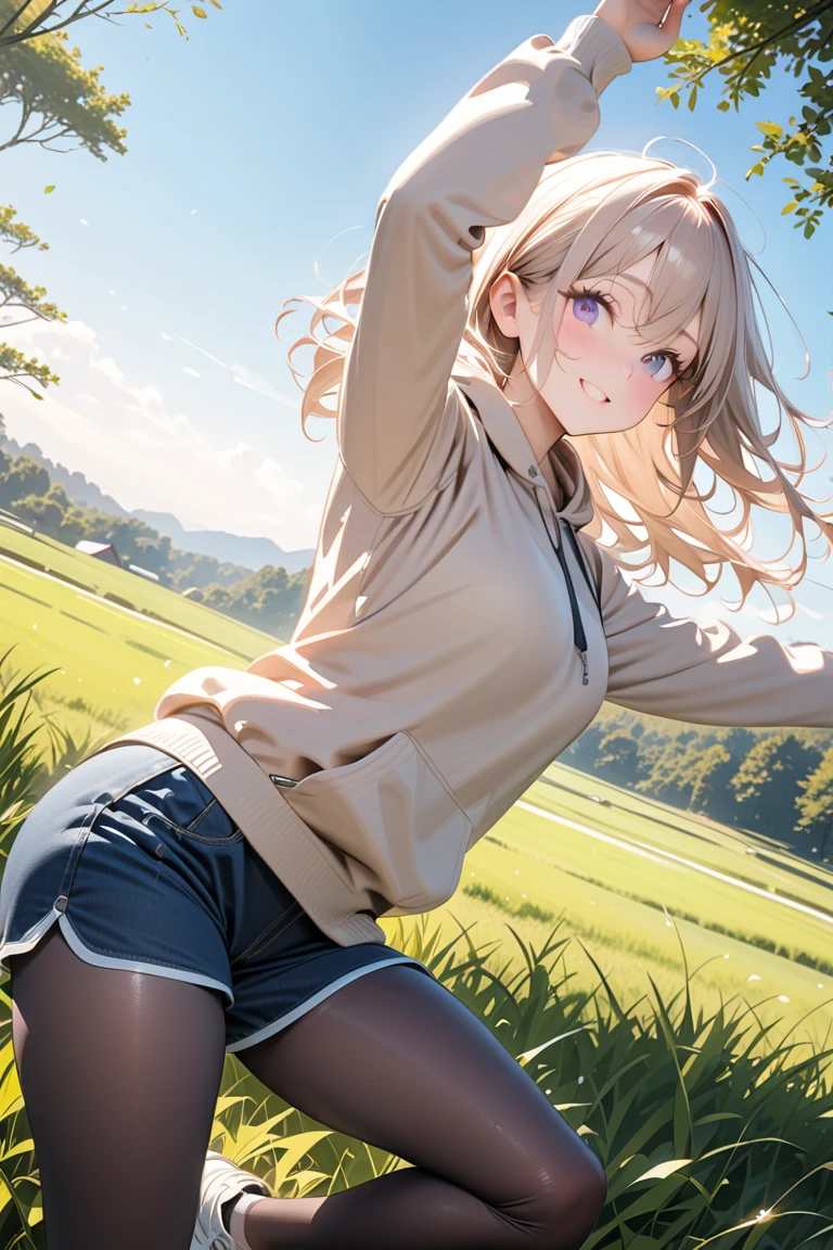 best quality, masterpiece, small breasts, smile, sweatshirt, leggings, outdoors, anime style, grass field, daytime, blue sky, blue eyes, detailed eyes, medium hair, blonde hair, loose hair, bangs, ass, open legs,
