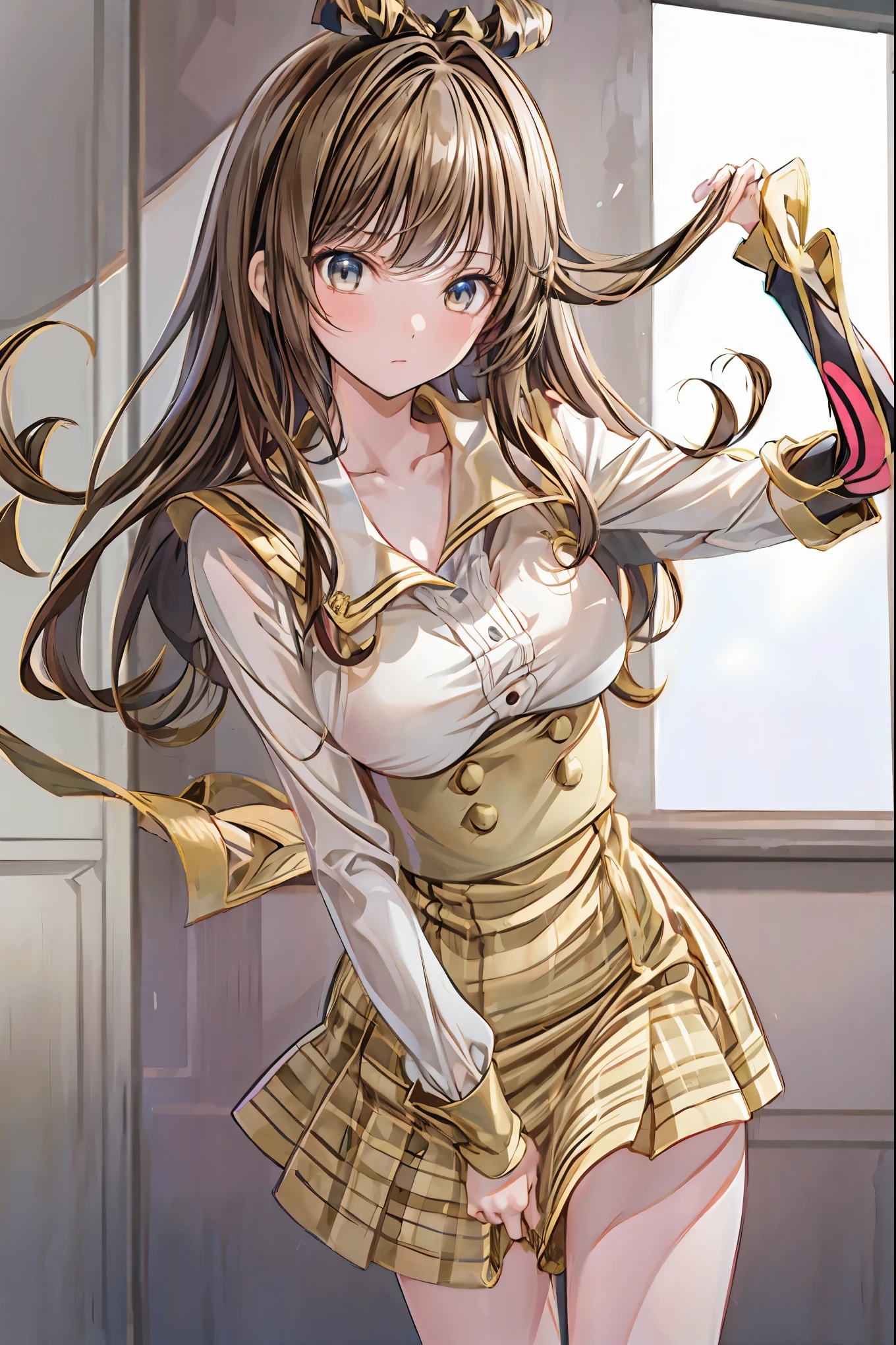 blunt bang, Hime Cut, Swift Bangs, NFSDW, retina, masterpiece, accurate, textured skin, Super Detail, 解剖学的に accurate, advanced details, high quality, high resolution, 最high quality , cute, beautiful age girl , blunt bang, curly hair, behind the back of the arm, clavicle, Thighs, thighs , school uniform, , tiny boobs, is amazing