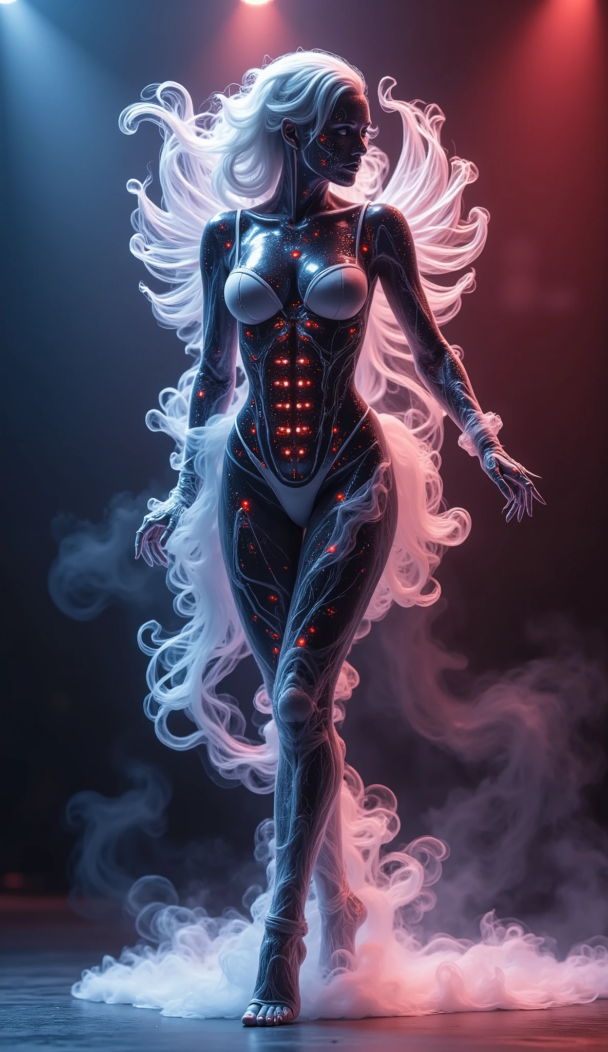 Design a live beating mecha model that is happy to dance,full body,Vision,Angel Face, devil figure,dance dynamic,Live beating mecha skeleton dancing happily in a poss,Happy Dance,blue and red tones fashion show,Catwalk,body spray art,,beautiful and realistic HD digital painting,Science Fiction,background:Strange and thrilling horror atmosphere on the catwalk ,,spotlight,Focus on close-up,Natural Light,reflection,Smooth movement ,Extreme Details,4K High Resolution,Scaled processing,professional-grade rendering, are brightly colored,