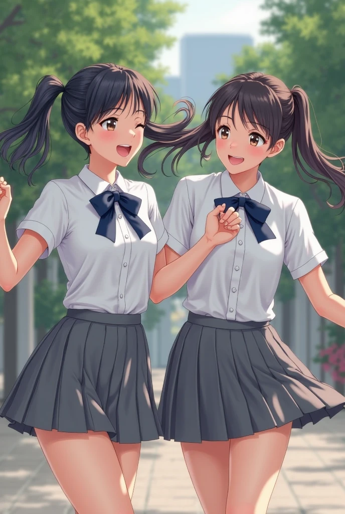 Japanese female college student hugging Japanese female high school student from behind