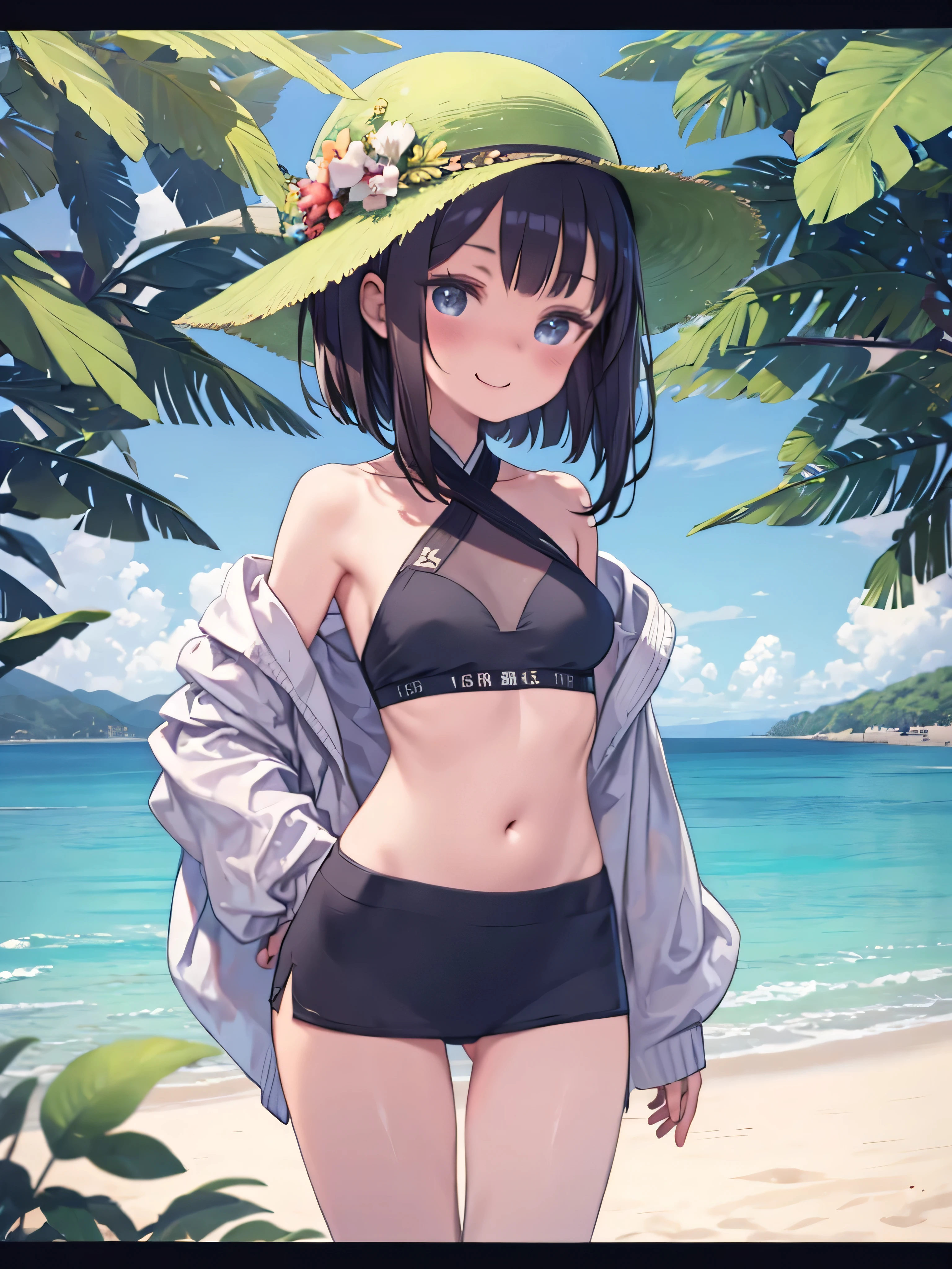 (highest quality, masterpiece, High resolution)、4K Anime Art、(1 beautiful Japan woman、20-year-old)、(Full body portrait、Natural standing posture、Hands on Hips)、 (Detailed depiction of a beautiful face)、Smiling Kindly、Small breasts、Slim figure、(Cat ear)、Medium Short Hair、(Colorful Swimsuits、Ethnic pattern and primary color bikini、Wear an ethnic cloth around your waist)、tropical、Palm tree、Blur the background、(Blank background)、((White Background))、