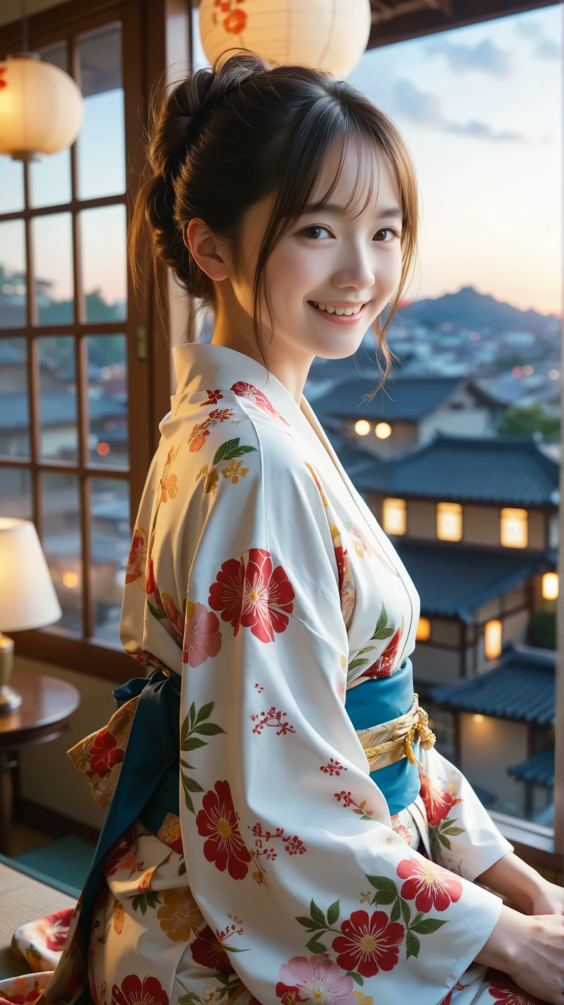 realistic, alone, beautiful japanese woman, traditional kimono, natural appearance, soft smile, impressive sight, traditional hairstyle, Japanese-style room at dusk, sitting by the window, illuminated by the city lights, (attractive pose), professional photographer, shallow depth of field, with backlight,