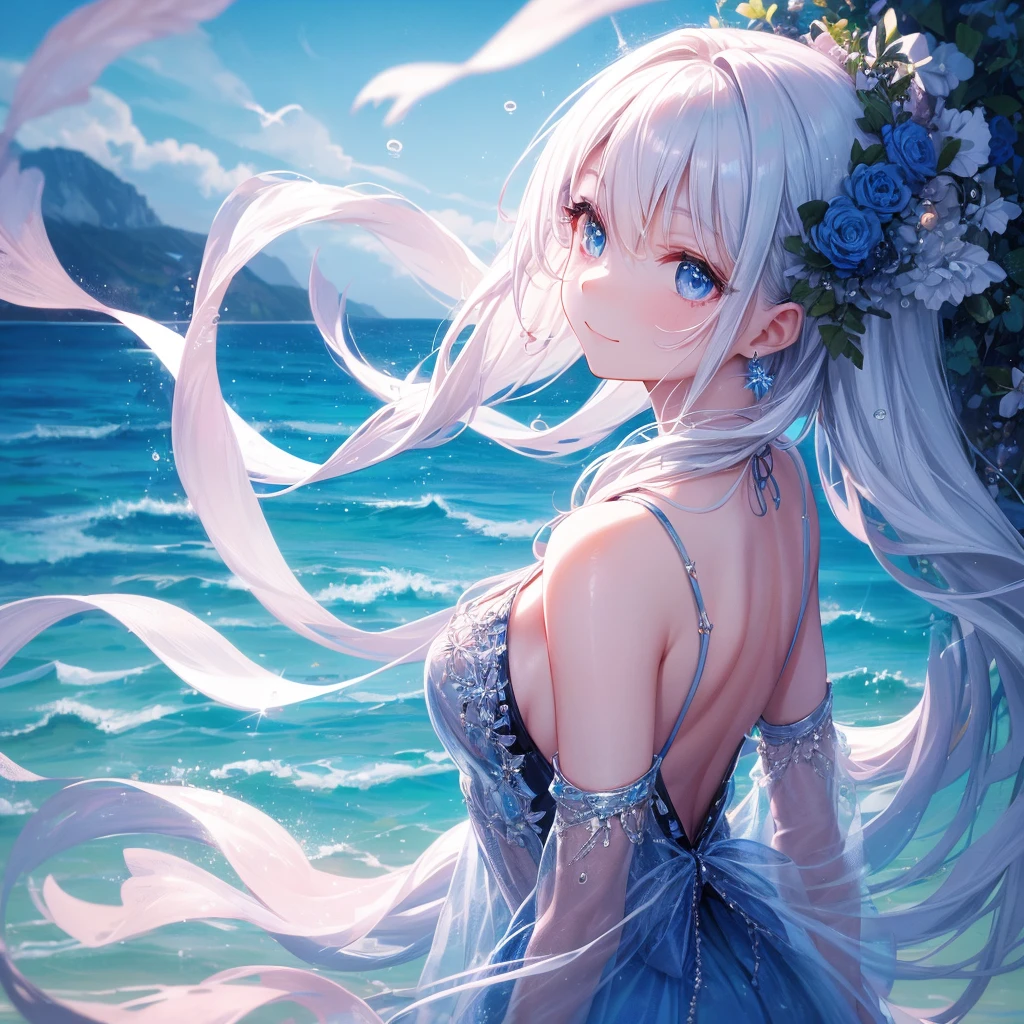 ，blue skirts，1girll，blue color eyes，long  white hair，Side Body，Stand on the edge of the beach，Glowing blue butterfly，falling flower petals，exteriors，​​clouds，Detail enhancement，best qualtiy，Perfect image quality，The wind blows the hair，Elegant blue dance dress，Beautiful and gentle