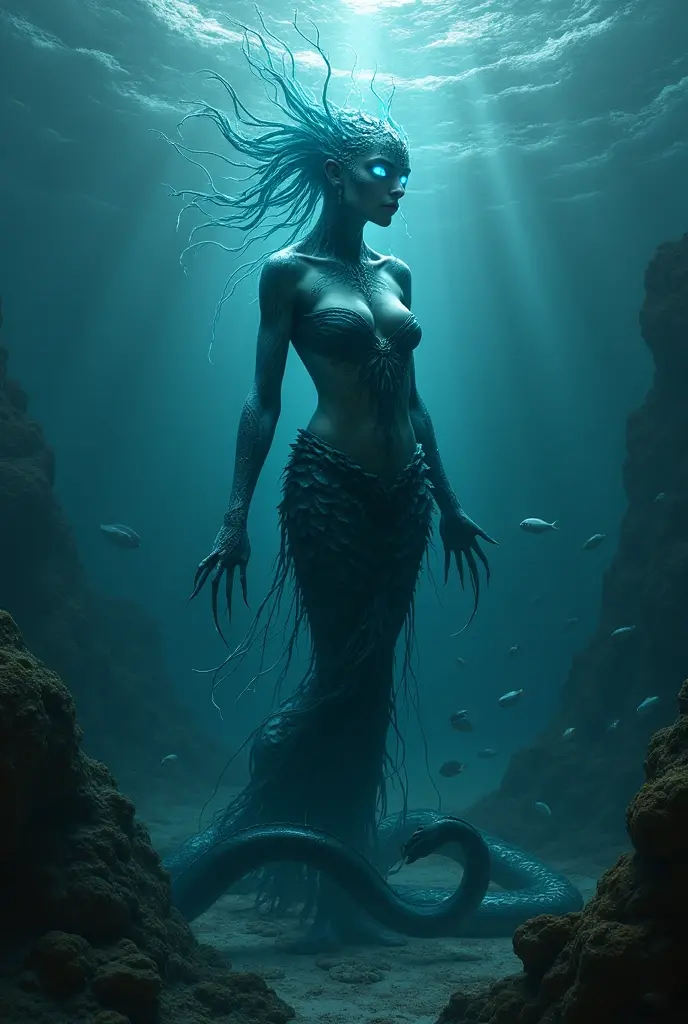 (best quality,4k,8k,highres,masterpiece:1.2), ultra-detailed, photorealistic, a fairy-like mermaid in the midst of transforming into a human, horror style, showcasing anatomical details, high level of detail, portraits, dark and eerie atmosphere, glowing eyes, webbed fingers, scales slowly fading, skeleton structure gradually appearing, slender and graceful figure, long flowing hair, surreal and dreamlike, vibrant colors, intense shadows and highlights, dramatic lighting, murky waters, hauntingly beautiful.