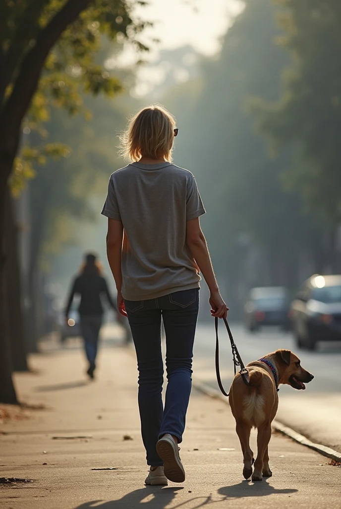 there is a woman walking down the street with a dog, a picture by Robert Koehler, instagram, happening, very very low quality picture, low quality footage, 3 0 years old woman, 30 years old woman, low quality video, low quality photograph, uhd candid photo of dirty, very very low quality, she is about 7 0 years old