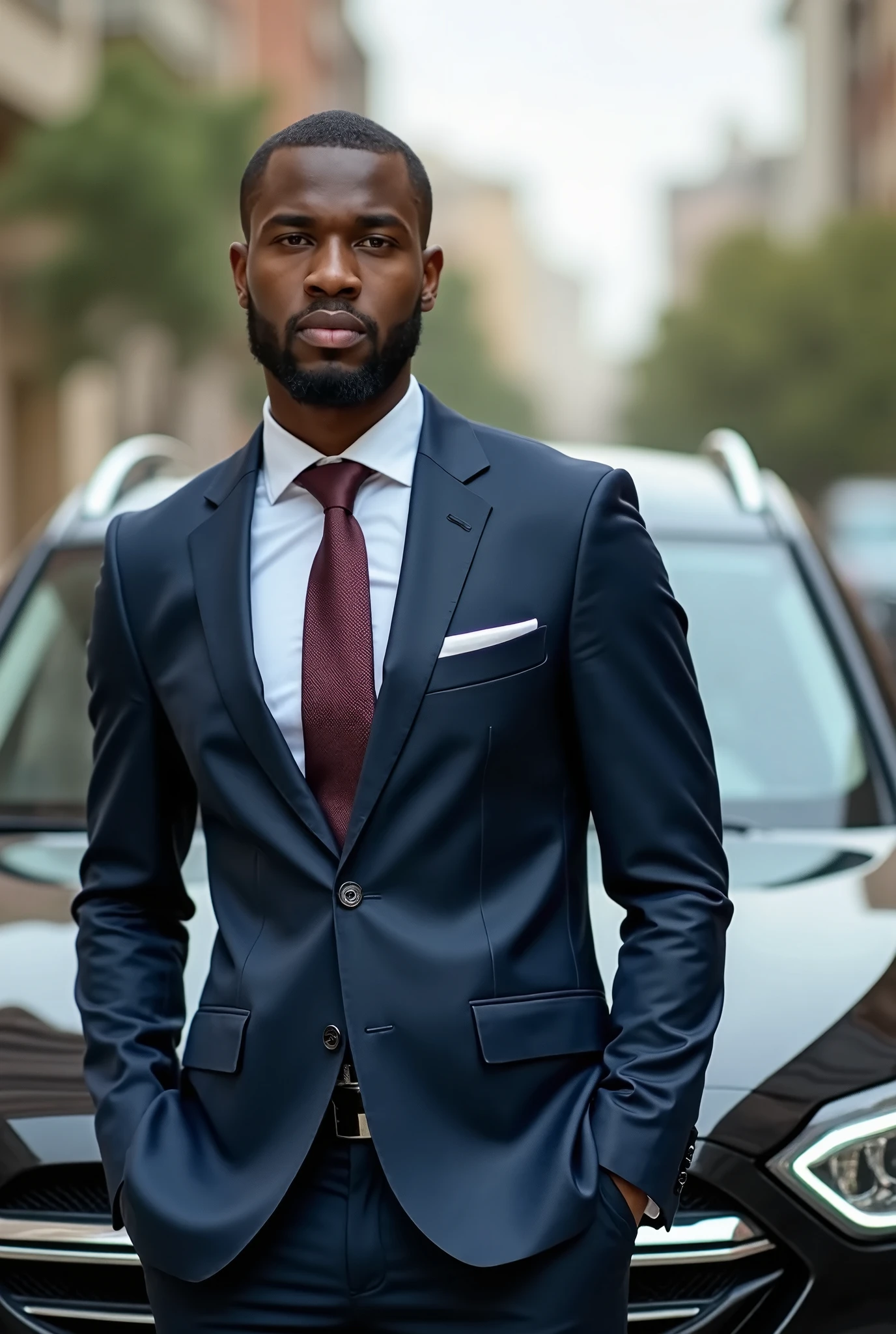 Arafed man in a suit and tie standing in front of a car - SeaArt AI