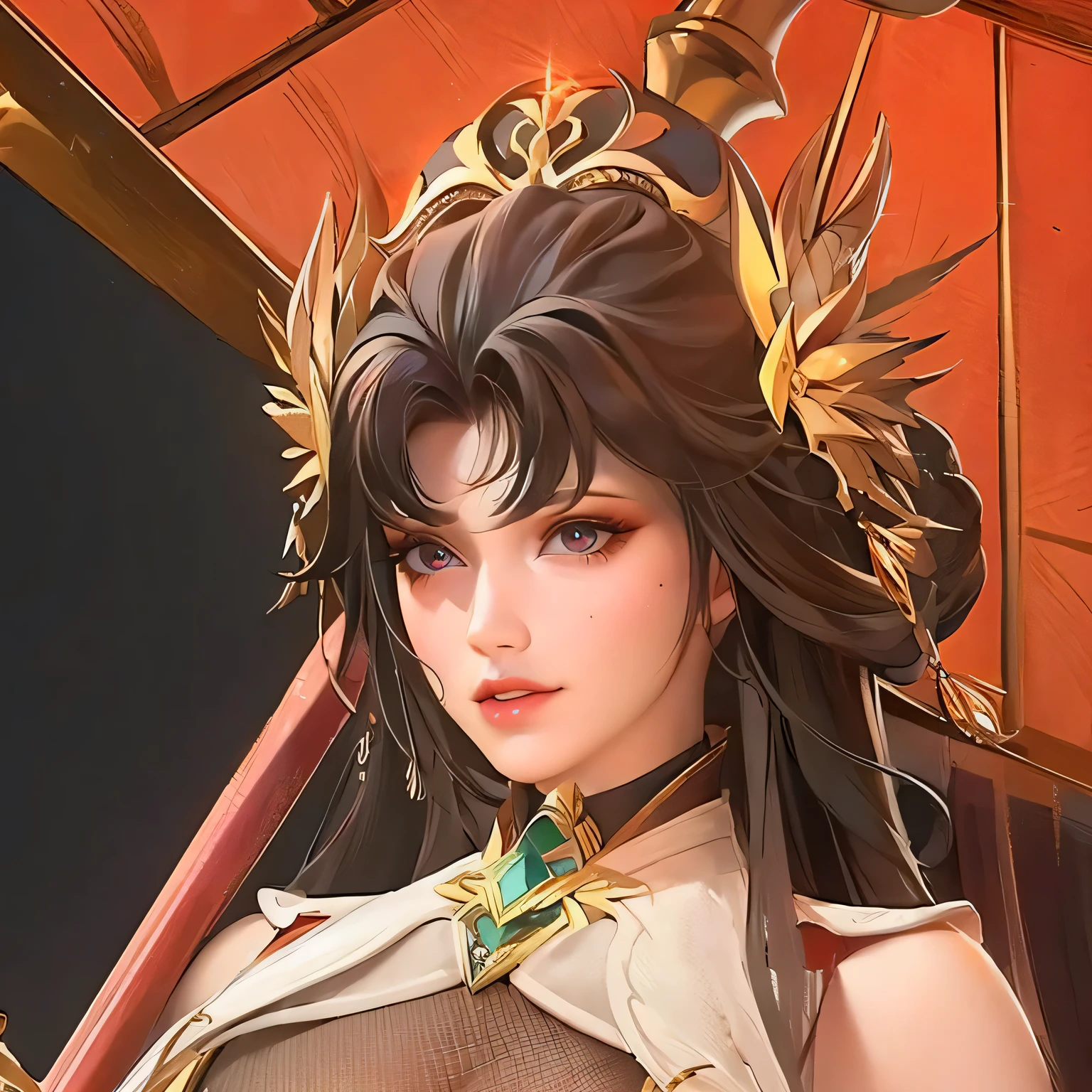 a close up of a strong amazon woman in her 30's, with red eyes and brown hair, wearing a black and red belly dancer attire, a heroine with red eyes, female mage with sun power, middle-eastern princess, standing in a middle-eastern temple, new costume concept design, in the style of blade and soul, full body character concept, detailed character design, inspired by Yang Jin, inspired by Li Mei-Shu, chinese costume, inspired by Lan Ying, inspired by Sim Sa-Jeong, inspired by Li Tang, lunar themed attire, costume with orange accents, inspired by Ju Lian, colored concept art, highly detailed character design, highly detailed face, inspired by Ai Xuan, very highly detailed face, unreal engine render, final fantasy 14 style, inspired by Leng Mei