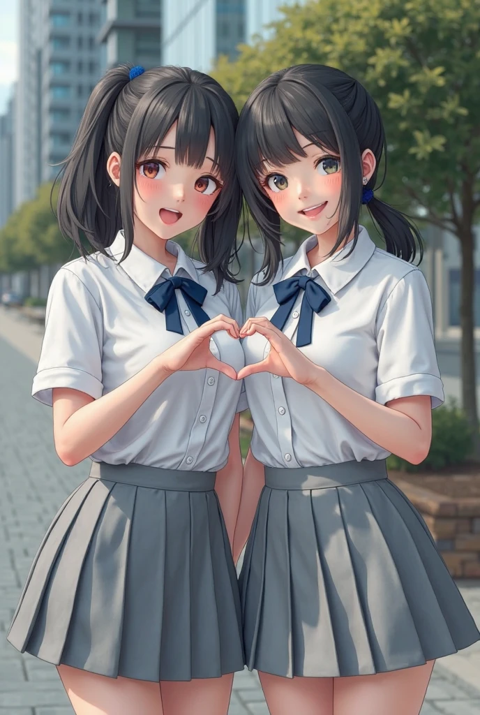 masterpiece、High resolution、High resolution、high quality、High resolution、(((Two teenage girls hugging each other)))、Pompadour、The forehead is visible、Beautiful lipoist lips、((Very large breasts))、Courting face、Smiling with teeth showing、((near))、White gym clothes、Sweaty、Schoolyard