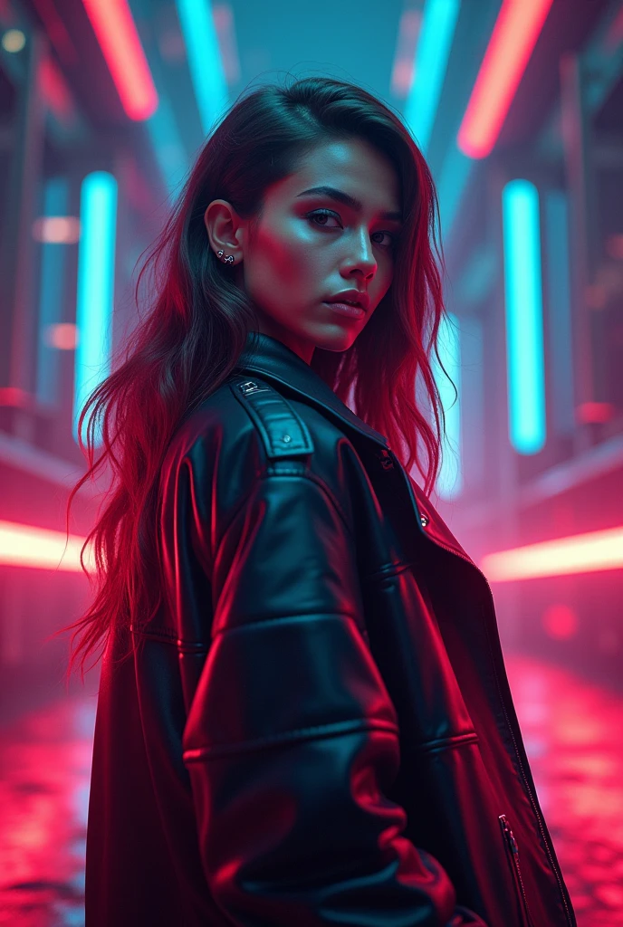 Una chica con el rostro de Amy lee, estilo synthwave, con un fondo de una Ciudad futurista