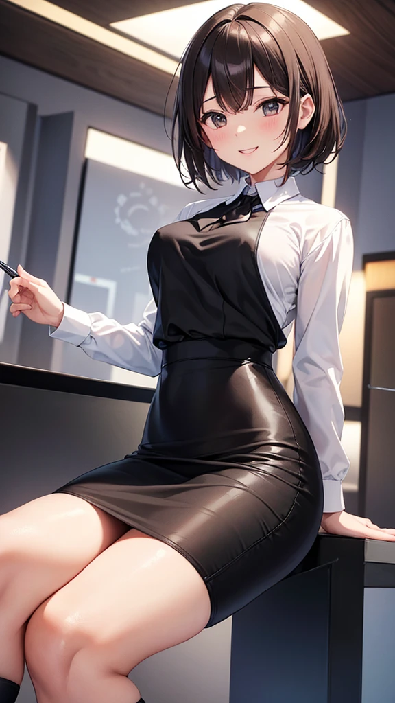 masterpiece, ultra detailed, 8k portrait, RAW photo, portrait photography, highly detailed face, 1 woman, (standing), 33 years old, (small eyes), glasses, (black short bob hair), (hair over one eyes), (white skin color), (Office lady suits:1.5), long sleeves dress shirt, (black vest:1.5), (micro skirt:1.5), (black pantyhose:1.5), (((pumps))), Midday Sun, hyper realistic, Body model, (Small breasts:1.5), Beautiful breasts, (big butt), Long legs, in the office room, Ambient lighting, Shadow details, Camera focus on face, strong breeze, Light fog