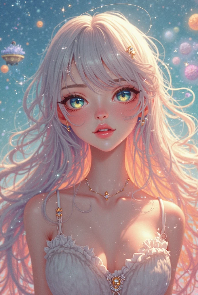 (Obra maestra:1.2), Mejor calidad, (illustration:1.2), (ultra detallado), hiper detalles, (delicado detallado), (detalles intrincados), (cinematic light, Mejor calidad Backlights), Delete line, solista, Cuerpo perfecto, (1 chica), A (((beautifully drawn night scene))), with a (((serene atmosphere))) settled over a (pretty woman) with pale white skin and pink blushing cheeks, whose lips and complexion match a (pink flowing river) that's elegantly emerging from a (gently shining pond) under a (glowing pink full moon) accompanied by a sprinkling of (glittery stars) dotted across a (dreamlike starry sky) sorrounded by lots of little glowing pink files, (constituir), alto contraste, (mejor iluminacion, un extremadamente creado y hermoso), (cinematic light), vistoso,
