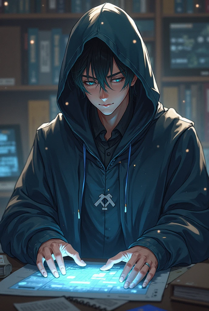 Handsome anime character who wearing cloak and he helping people to gain insights from data analyst