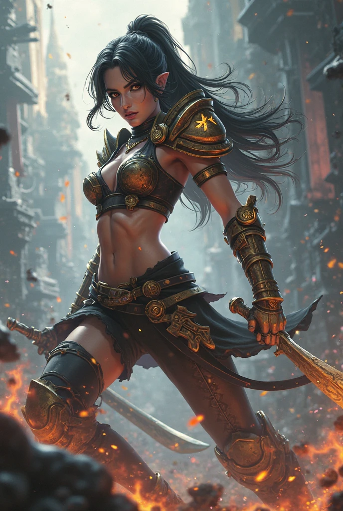 "Ancient warrior description: Provide a detailed depiction of a female ancient warrior wielding a majestic spear, engaged in combat with a fearsome, mythical tusked beast."