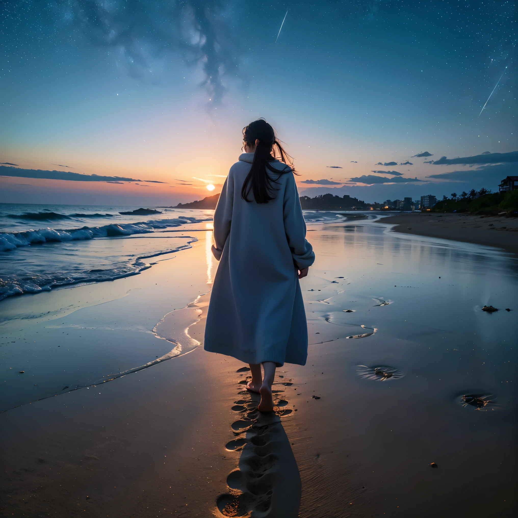 A beautiful woman is walking barefoot on the sandy beach at winter night, leaving footprints behind, the starry sky is beautiful, the woman is wearing warm winter clothes, the footprints are erased by the gentle waves, back view,（Highest quality）,high resolution
