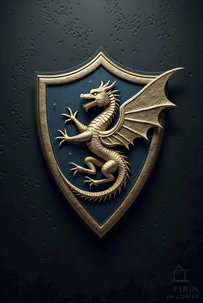 In the style of the shields of the houses of game of thrones:

Canvas Base: Select a classic heraldic shield shape, with a silver metallic surface and gold edges.
	• Fund: Fill the background with a glazed dark emerald green tone.
	• Dragon: Draw a sea dragon in the center, uses shiny silver for the body and light blue for the wings. Be sure to include raised details for the scales and wings.
	• Eggs: Add undulating waves around the dragon in sky blue. Use engraving techniques for a three-dimensional effect.
	•	Flores: Insert small golden flowers between the waves, with embossed details.
	• Should: Creates a raised gold border with etched wave and leaf patterns.