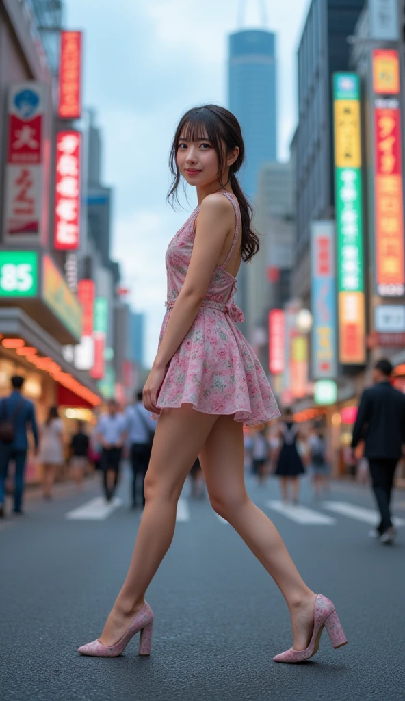 soft_light, (Masterpiece: 1.5), (Best Quality: 1.5), High Resolution, High Detail, sfw (Japanese MILF beauty, slanted Asian eyes:1.35), Solo, Skin Highlight, Sharpen, Clear, straight hair, ponytail, multicolored blond hair, Jewelry, bracelet, earrings, pale skin, smile, shopping in crowded plaza street, (wearing naked towel, flat_chested, thighs, freckles)