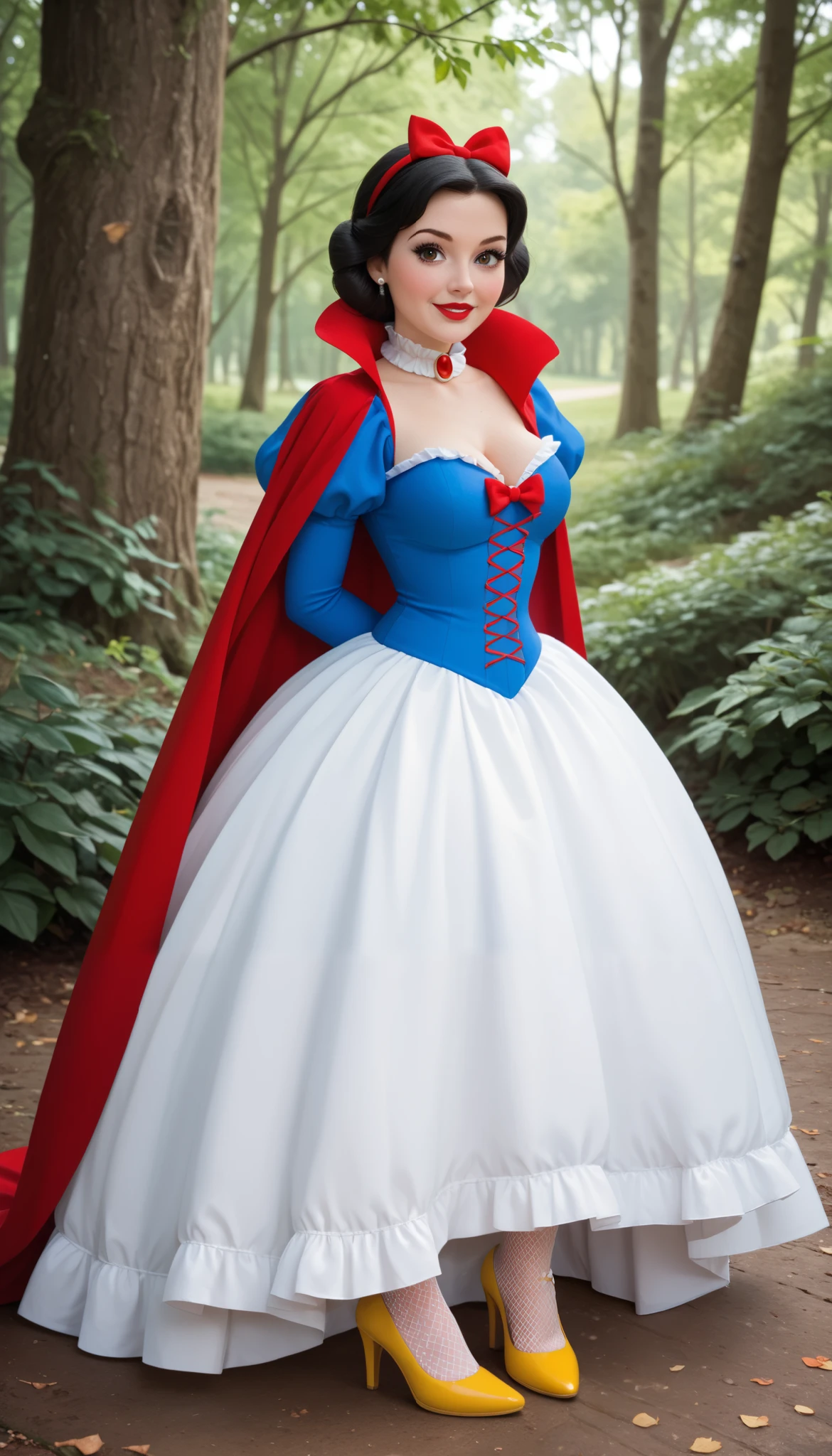 blue red gold colored sexy lace dress with cleavage, fishnet stockings, jack-o'_challenge, best quality, masterpiece, ultra-realistic, 8k,1girl, mature, 18 years old, Snowwhite, Disney, (Snow White and the Seven Dwarfs)/,(ultra HD quality details), brown eyes, black hair, bobbed hair, pale skin, rosy red lips, rosy cheeks, brown cape with a red interior, bow-like ribbon, blue sleeves with red slashing, puffy sleeves, yellow skirt, laced petticoat, dress, white collar, long skirt, short skirt, high-heeled shoes, yellow shoes, white stockings, high collar, sexy pose, cleavage,disney princess, princess magical forest background, cute animals
