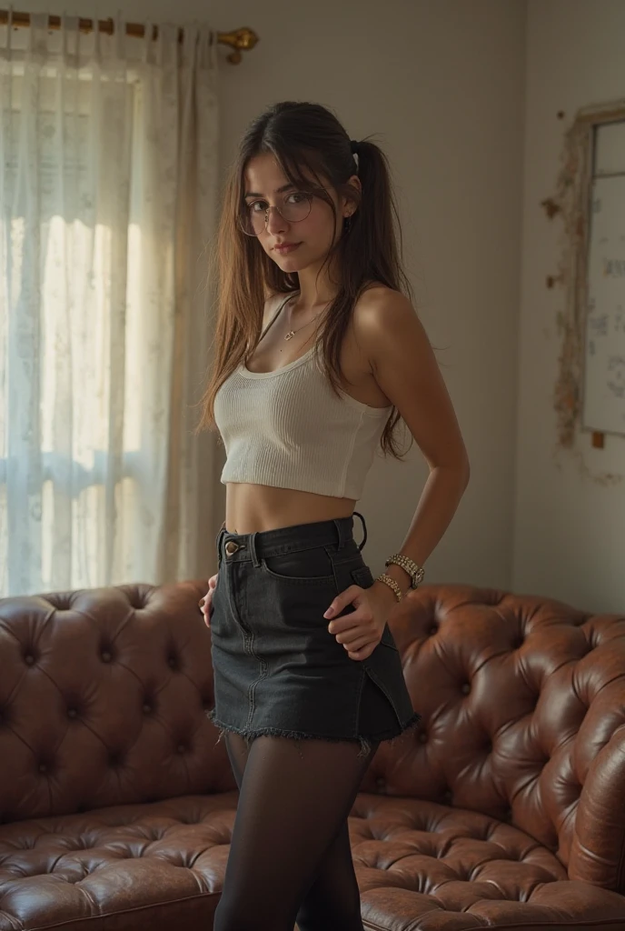 A young woman with long wavy brown hair, make her thighs a little more thick, Stylish, high-end living room with minimalist decor. Tight-fitting crop top and high-waisted shorts. Bright, natural lighting from large floor-to-ceiling windows, casting soft shadows. Modern furniture with clean lines, a statement piece of art on the wall, a glass coffee table with a few fashion magazines.