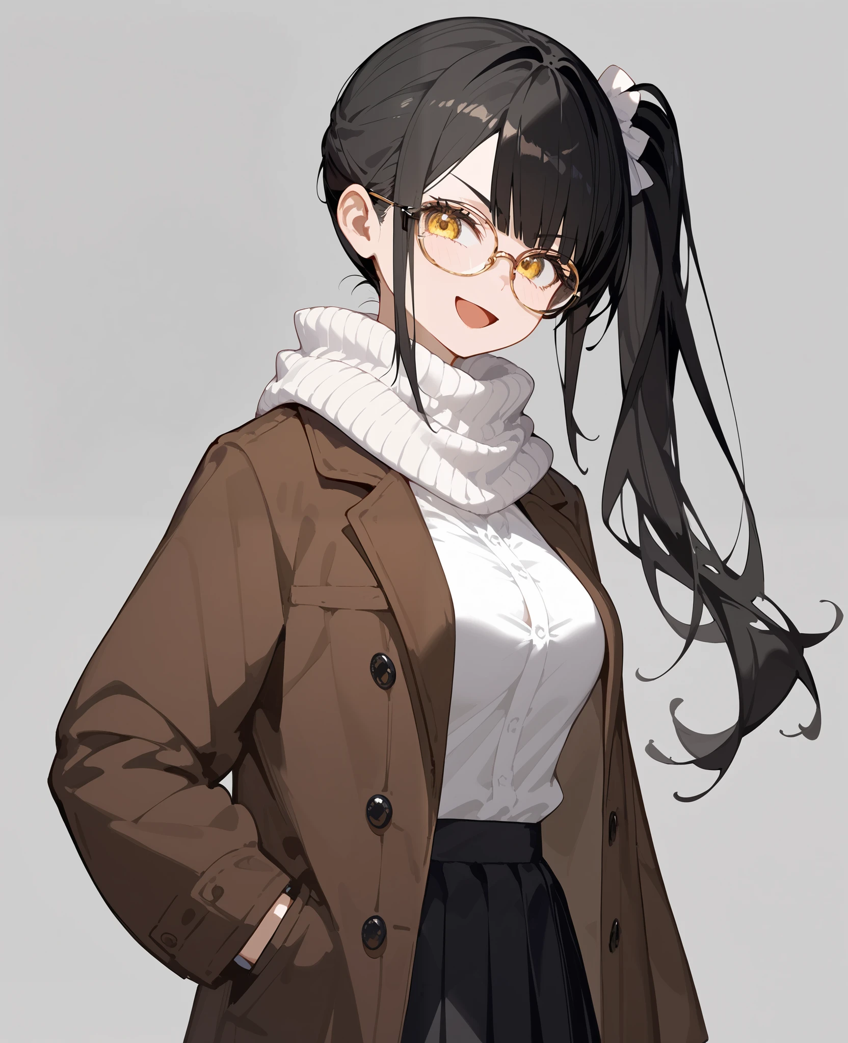 Anime,2D, alone,girl, black hair, horse hair , long hair,ปลาย black hair, golden eyes,ปลาย black hair,cute, complete,big breasts,Emotionless,wearing glasses,,big breasts,,cute,Black suit, Brown Jacket, student,,เด็กstudent,, Slim ,Tall,Fierce face,Gray Background,white shirt,เสื้อstudent,standing,Open your mouth,Serious Face, White Scarf,Side ponytail, Sweet Smile