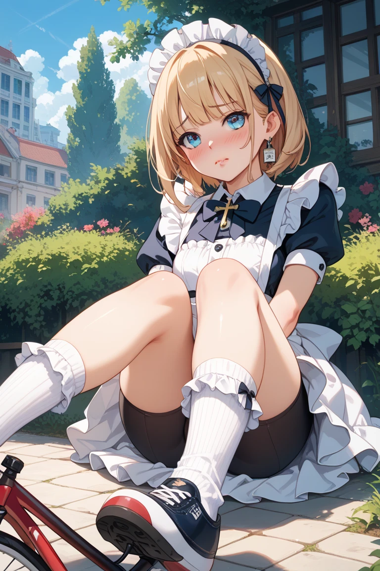 masterpiece, highest quality, Very detailed, 16k, Ultra-high resolution, 9--old l, Detailed face, blue eyes, blonde, Braiding, Red ribbon on head, Black maid outfit, blue sky, garden, Red Rose, sit, (Showing off pussy:1.3), (Open pussy:1.3), Spread your legs, Lift your legs