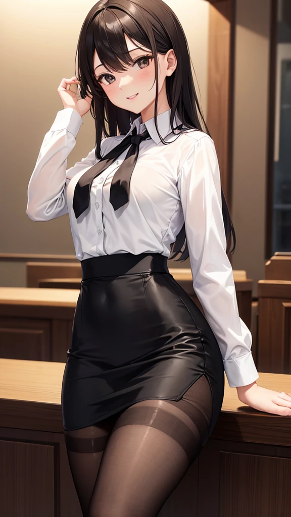 Superior Quality, Masterpiece, Ultra High Resolution, (Photorealistic: 1.4), girl, teacher, white blouse, black skirt, classroom, sitting at desk, crossed legs, pantyhose, black hair, black eye, glasses, tied hair