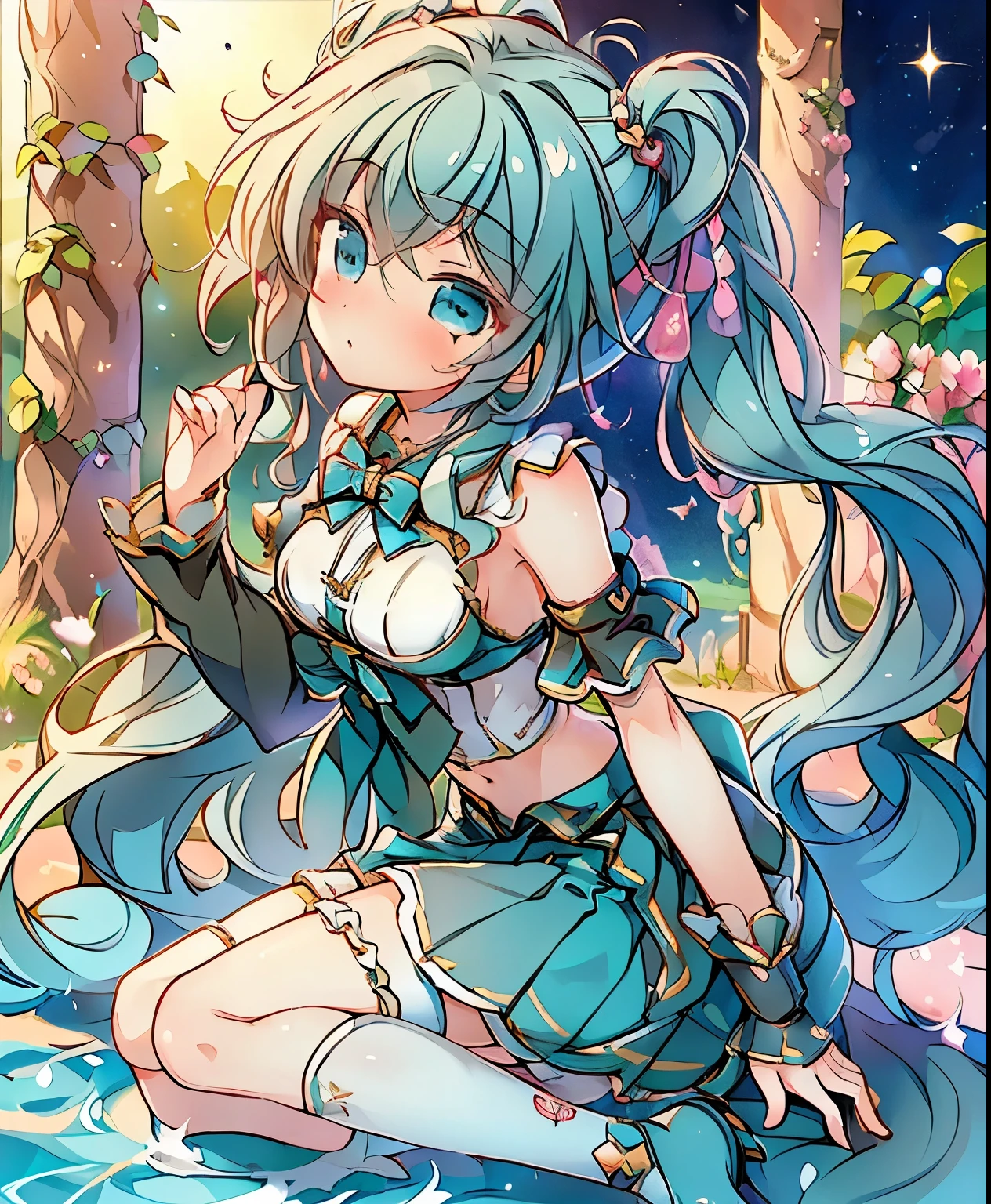 ( masterpiece、Highest quality、Highest quality、Official Art、 beautiful and beautiful :1.2)、(one girl:1.3) Hatsune Miku、twin tails,beautiful breasts, cute女の子,cute, scrunchie ,(:0.8),, ( tempts, Suggestive:0.9), , tube top,, ( sitting up Legs from the front , viewers:1.2), upper body, Black Gal, chibi, (*********)