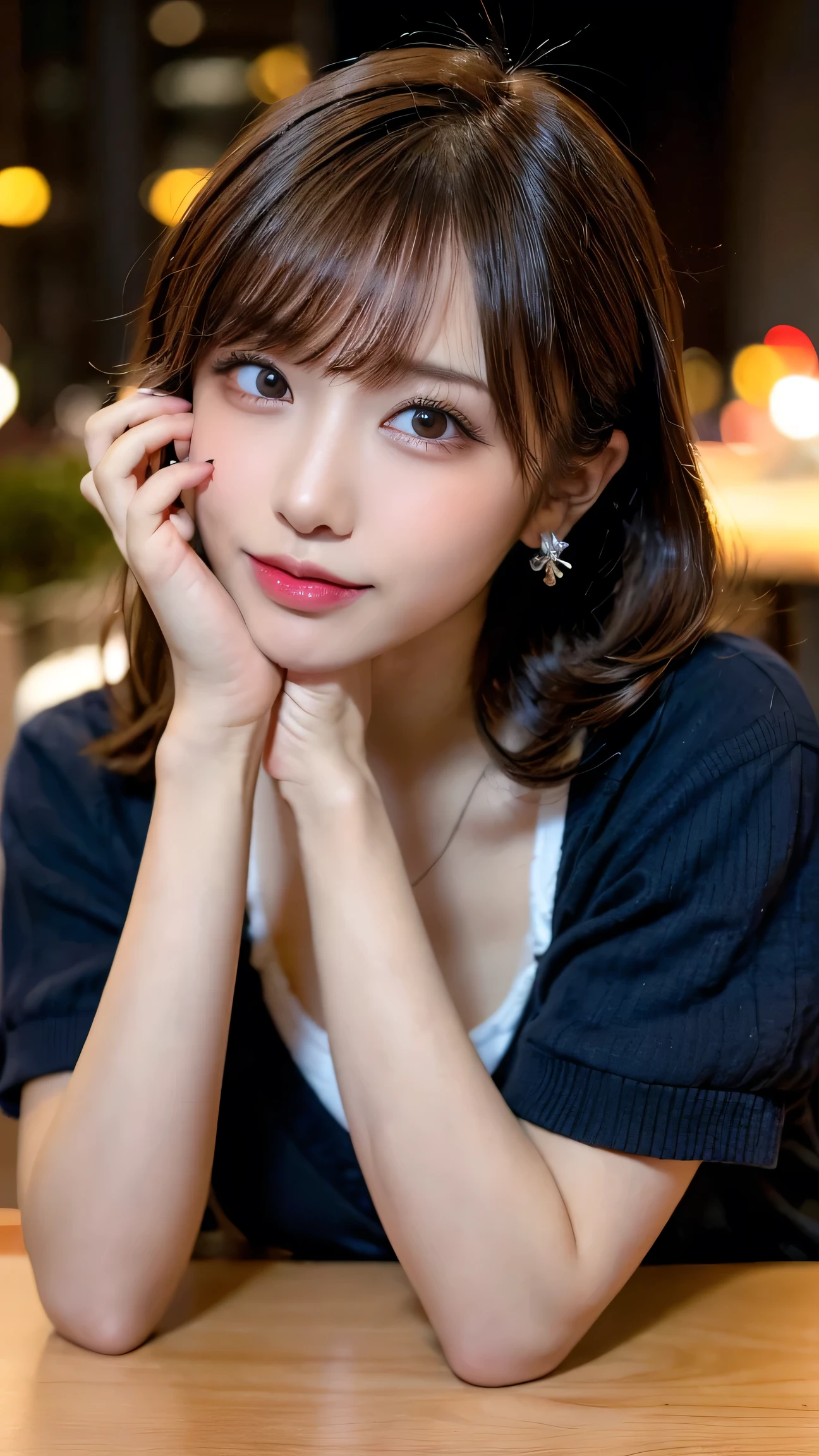Tabletop, Highest quality, figure, Super detailed, In detail, High resolution, 8k wallpaper, Perfect dynamic composition, Beautiful attention to detail, Cold winter clothes,Medium Hair,Small breasts Natural color Lips, Bold sexy pose,smile,Harajuku、20-year-old girl、cute、sexy shot looking at camera,Narrow Face,Perfect beautiful face and fingers