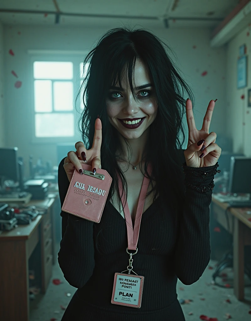 cinematic lighting, hyper realistic, 8k, highly detailed, photorealistic, masterpiece, sexy detailed emo girl,  big black emo hairstyle, black eyeliner, big smile, perfect teeth, leather jacket, black corset, big breasts, big cleavage,