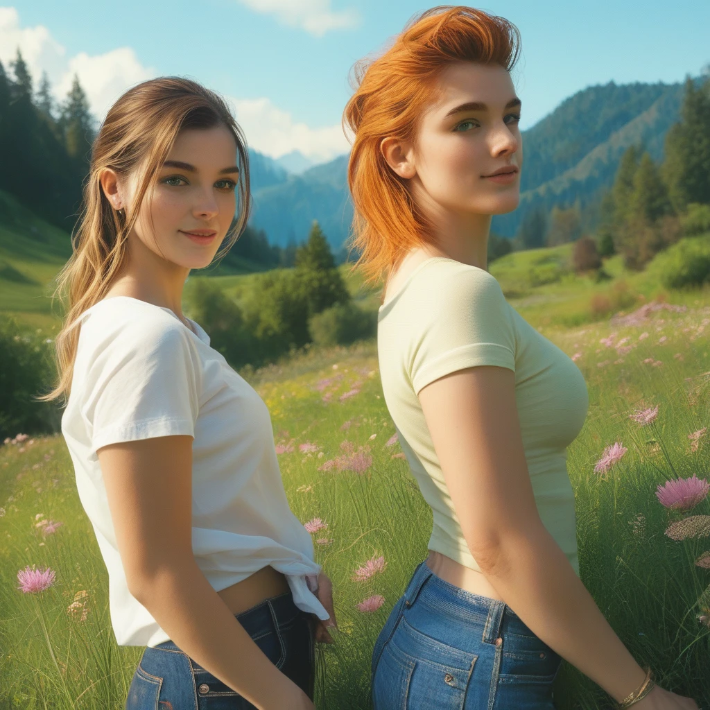 A imagem retrata duas amigas ruivas, cada uma com longos cabelos vermelhos, encontrando-se em um parque ensolarado. They're standing, Embraced, com sorrisos radiantes em seus rostos. Suas roupas refletem seu estilo individual, com uma vestindo um vestido florido e a outra usando jeans e uma camiseta solta. Their eyes sparkle with joy as they are reunited after so long, and it is evident that the friendship between them is strong and true.
Ao fundo da imagem, It is possible to see green trees full of leaves, that provide soft shadows on the ground. The sky is blue and cloudless, representando um dia perfeito para esse reencontro. The two friends are surrounded by a quiet and welcoming environment, com bancos de madeira e flores coloridas ao redor.
Nesse momento, They share stories, heartfelt laughter and hugs, reliving memories and updating each other about their lives. The image conveys the joy and excitement of this special reunion, showing the unique and lasting connection between these two red-haired friends.