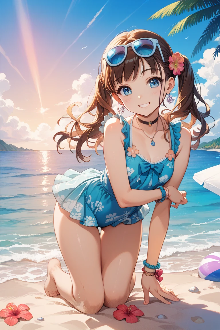 female、Shore beach、sunny、swimsuit one piece、seductive pose、Frolic with the waves、enchanting smile、