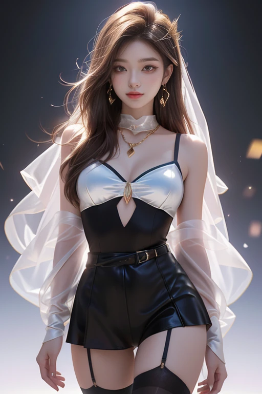 (8K Ultra HD、Digital SLR Camera、Soft Light、high quality、Volumetric Lighting、frank、photo、high resolution、4k、8K、Bokeh),(Rich details on the eyes and face,warm color, Very saturated colors,Show a charming smile, Perfect face, Pretty Face, black eyes,Skin is transparent and visible, Shirasawa skin,cosmetic, necklace, Jewelry,veil,Hair accessories),(Create stunning images of real girls, warm light, Dynamic poses, Elegant Posture, Cowboy lens, Look confident from the front,Facing the camera,Standing,Open your legs slightly,Golden Ratio Graphics,Minimalism, ), (Study background), Chinese female students,brown hair、Gradient hairstyles,(Sexy,Perfect breast shape、Very detailed breasts,34E cup),Sexy连体战斗服,(High waist,Waist hollow,Levain),(Smooth knee socks、garter、腿部garter)