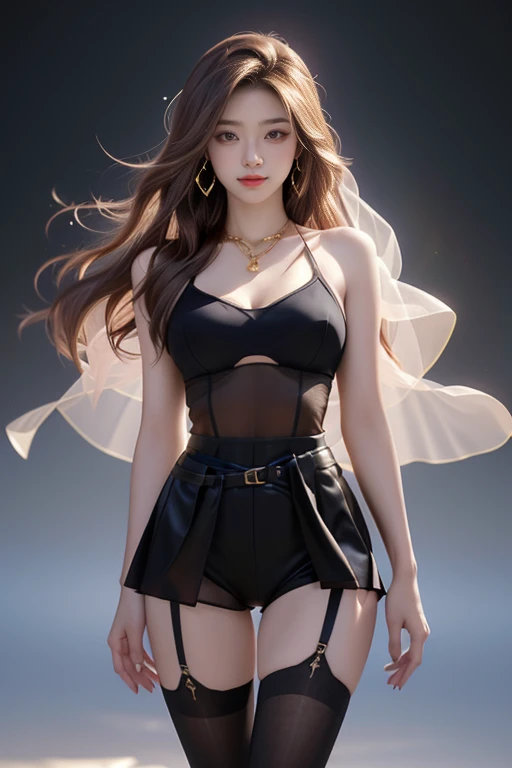 (highest quality、Full body photo 1.2、8K、best image quality、Award-winning work)、(one young girl, :1.3)、(luxury underwear:1.2)、(red eyeshadow:1.2)、perfect makeup、long eyelashes、Super high-definition sparkling eyes、ultra high definition hair、ultra high resolution glossy lips、Super high resolution perfect teeth、Super high resolution cute face、brown hair、(((very long straight hair:1.2))、look at me and smile、[clavicle]、accurate anatomy、Luxury love hotel、(The most moody warm lighting:1.2)、blurred background、With bangs、Super high-resolution glossy and moisturized face、Super high resolution glowing skin、most detailed face、Ultra high resolution detailed faces、ultra high resolution hair、Super high resolution sparkling eyes、Beautiful face drawn in every detail、Super high resolution glossy red lips、big breasts、cleavage、Fashionable necklaces、(((Full body photo 1.2)))、Hair fluttering in the wind 1.2、Professional Lighting 1.3