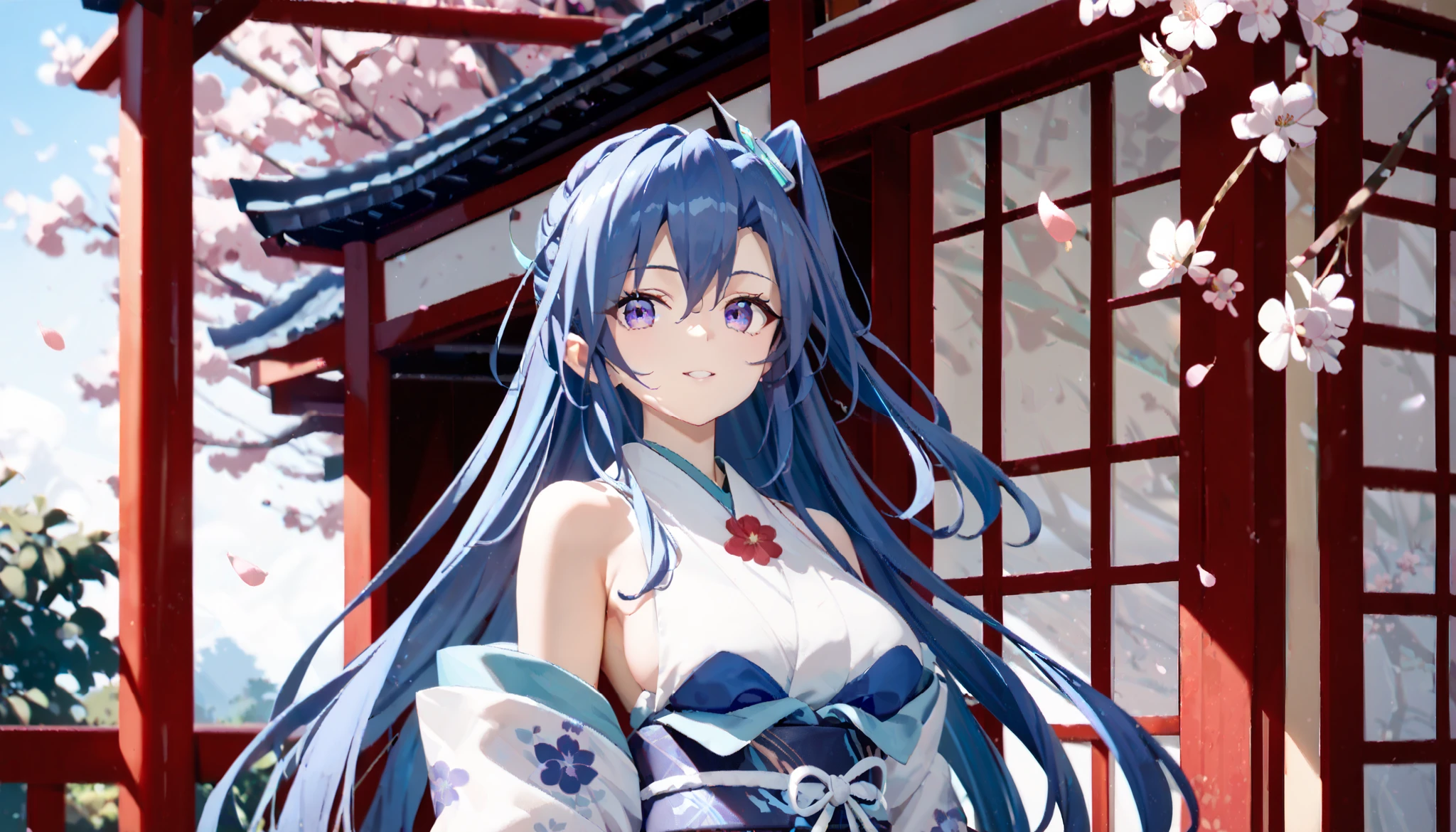 kazanari_tsubasa, Long hair, blue hair, one side up, purple eyes, sagging breasts, Tight waist、Small waist、Glowing Skin、Angelic suit、eight-headed body、Beauty、ruanyi0712,floral print,yellow kimono,obijime,wide sleeves exposed shoulders, traditional Japanese garden, cherry blossoms, cherry blossom petals, upper body portrait、