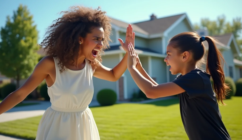 Sister kicking angry sister out of the house (arguing)