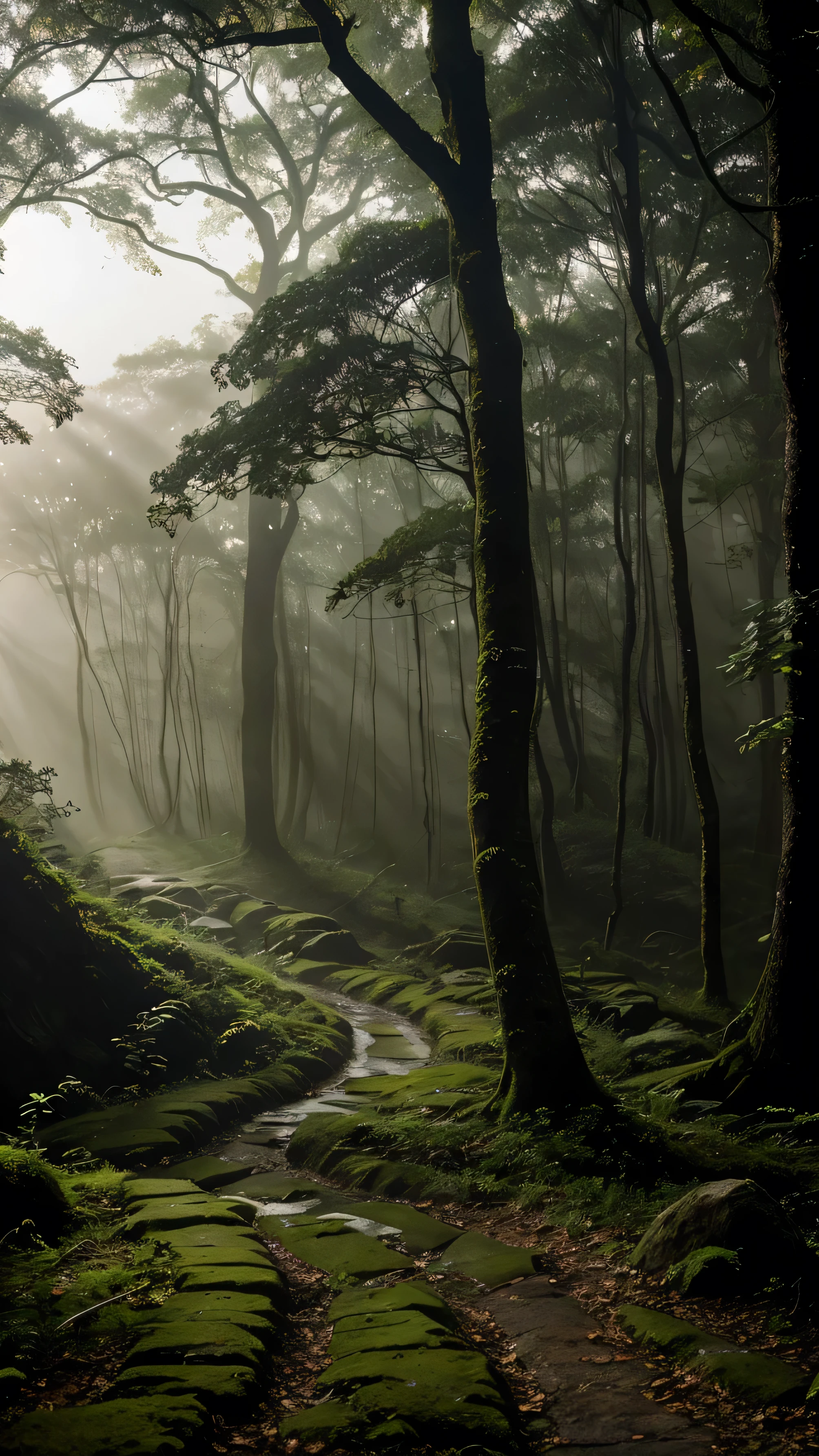 Morning recedes in a small forest hidden from the outside world. The thin mist still hovers between the trees, turns slowly around the sturdy old trunks. The morning dance is faintly audible—the earthy chirping of birds, gentle friction of the foliage, and the gurgles of water dripping from the rain ringing into the damp ground. Mossy stones reflect the golden glow of the moonshine that began to penetrate the canopy gap, creates a moving shadow on the ground adorned with roots sticking out. In the distance , the mountain looks like a mute silhouette, stands firmly in the arms of the slowly dancing morning mist. Everything feels magical, as if this forest holds a secret that is only open to those patient enough to hear nature's whispers.
