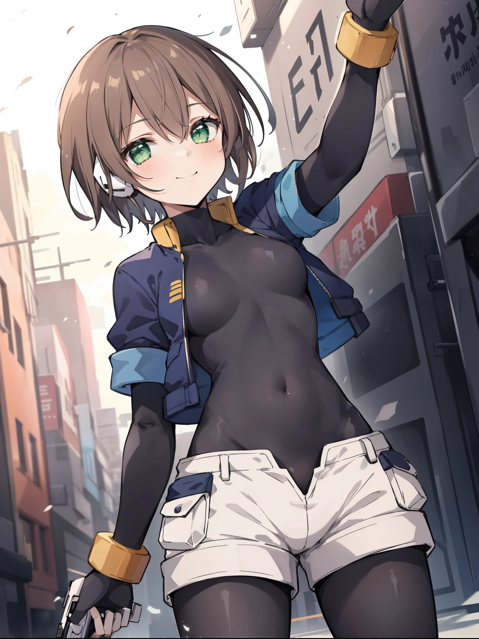 aile_megamanzx, kneeling with one hand on the ground and the other arm raised, 1girl, solo, short hair, brown hair, short sleeves, (bodysuit), robot ears, green eyes, short_shorts, short sleeves, short over long sleeves, smile, in futuristic city, , high quality, medium_breasts,crotch, slouch